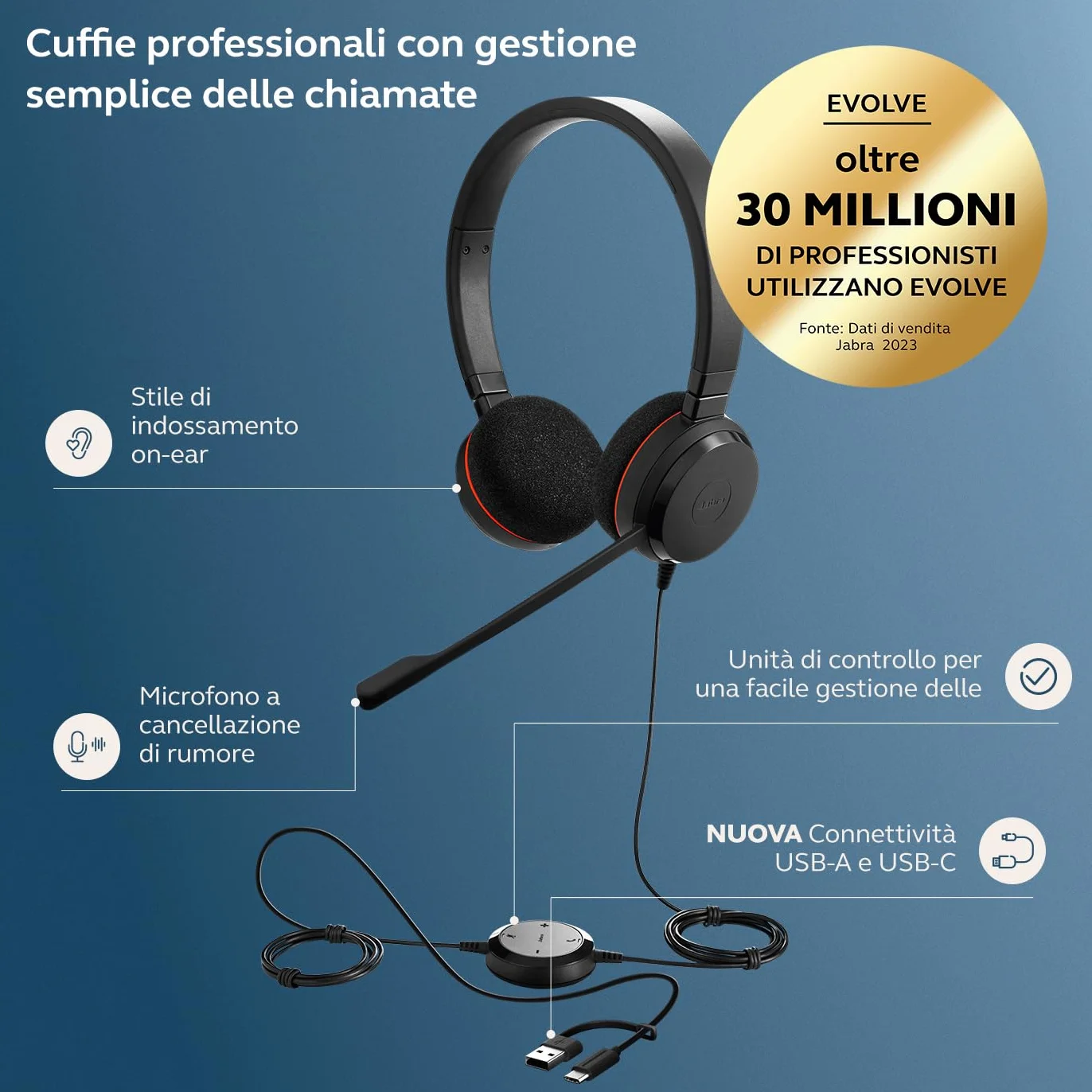 Jabra Evolve 20 - Cuffie stereo certificate Microsoft per softphone VoIP con cancellazione passiva del rumore, USB-C/A, colore nero