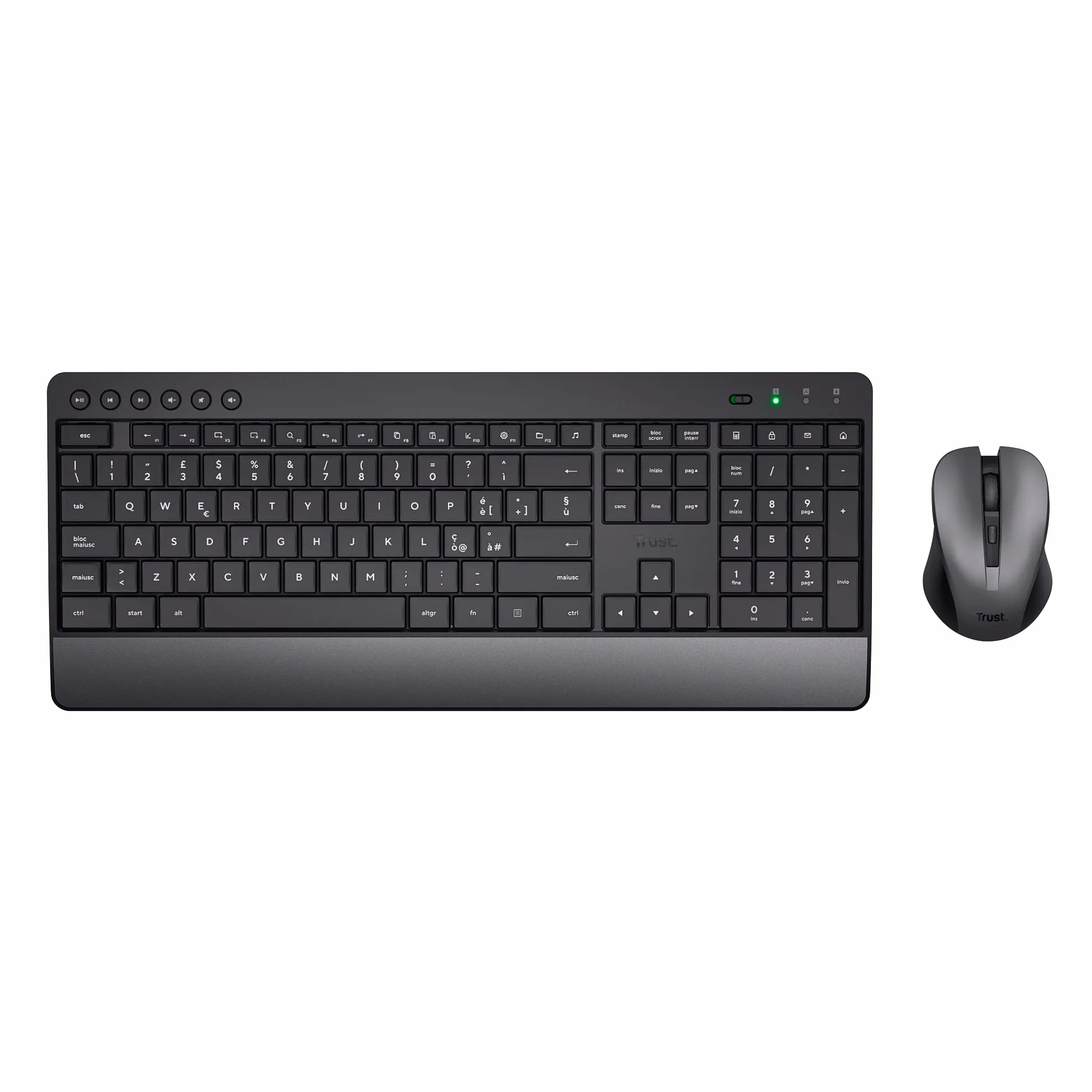 Trust Trezo Tastiera e Mouse Wireless, Layout Italiano QWERTY, Design Sostenibile, Combo Silenzioso e Ergonomico, Durata Batteria 48 Mesi, 2.4 GHz, Ricevitore USB, Resistenza ai Liquidi, PC, Laptop