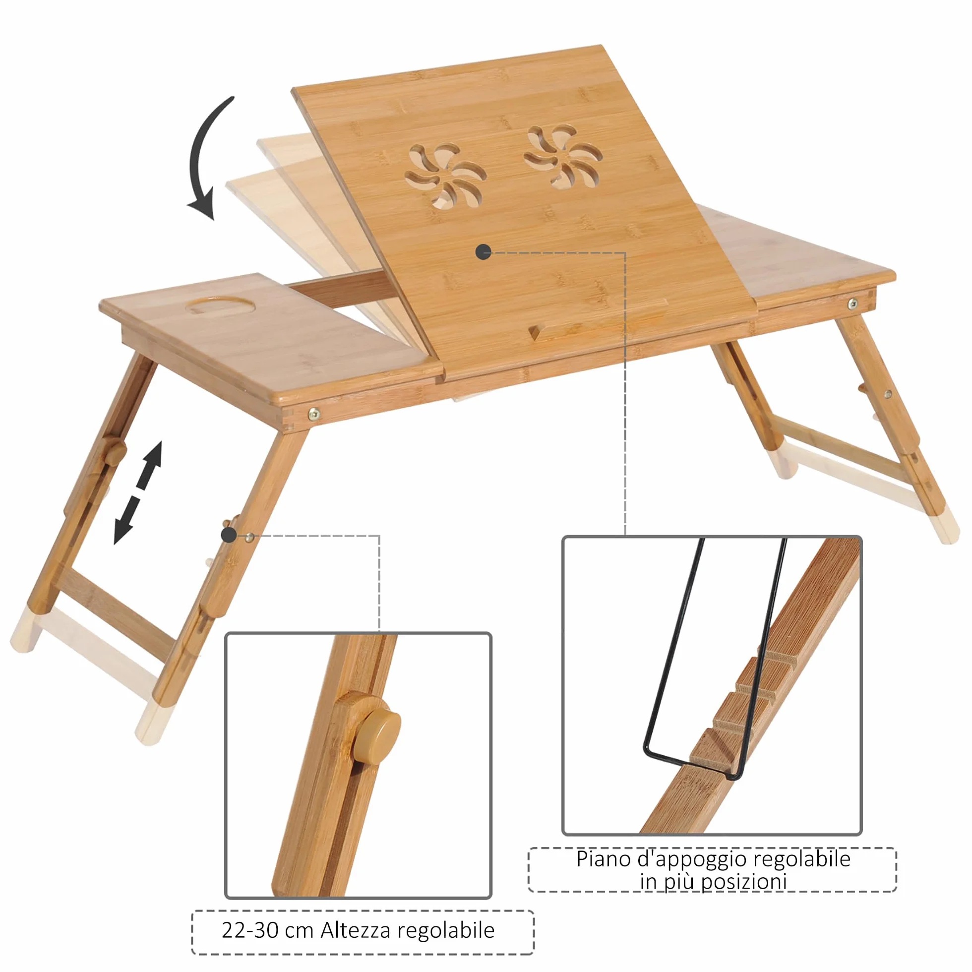 HOMCOM Tavolino da Colazione a Letto, Tavolino da Letto per PC Pieghevole, Supporto per PC da Camera, Regolabile, Inclinabile, Cassetto, Gambe Pieghevoli, 72x35x22-30, Colore Legno