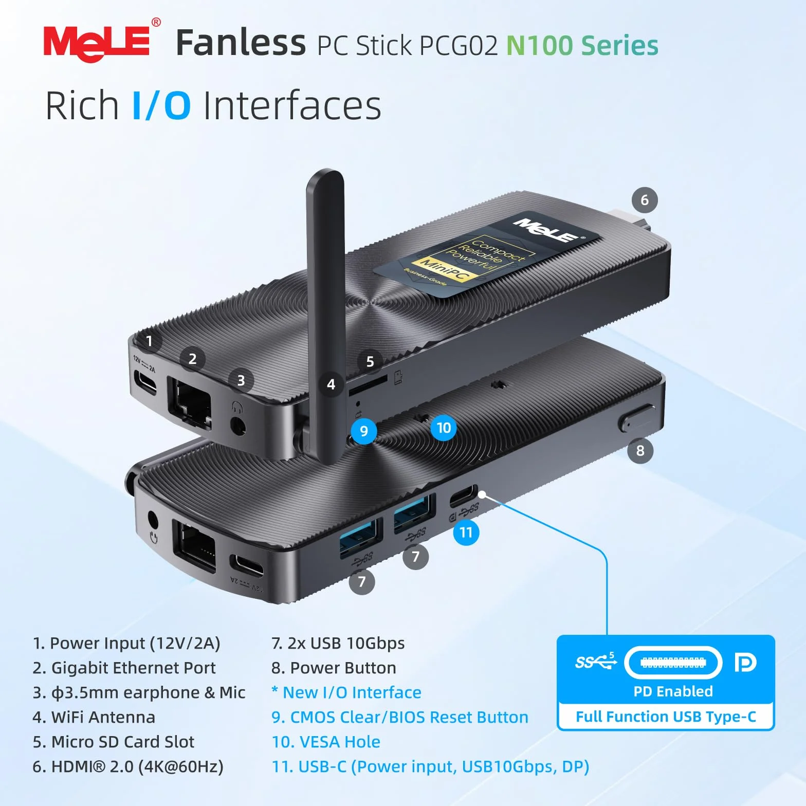 Mele PCG02 N100 Mini PC Stick USB-C senza ventola doppio display HDMI 4K WiFi 5 BT5.1 GbE 8GB 256GB