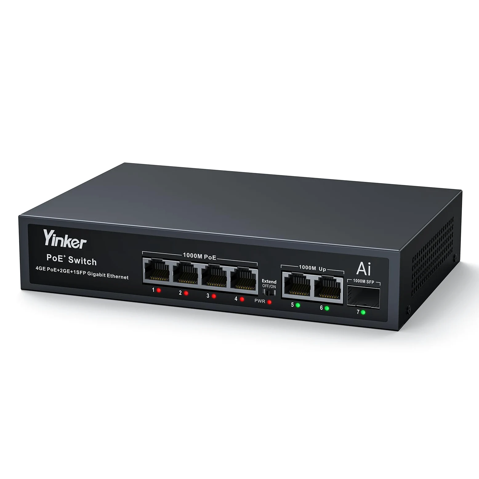Switch PoE Gigabit 7 Porte 65W, 4 PoE+ 2 Uplink Gigabit + Slot SFP Fibra, Modalità 250m/VLAN, AI Recupero Automatico, Metallo Silenzioso per Videosorveglianza IP