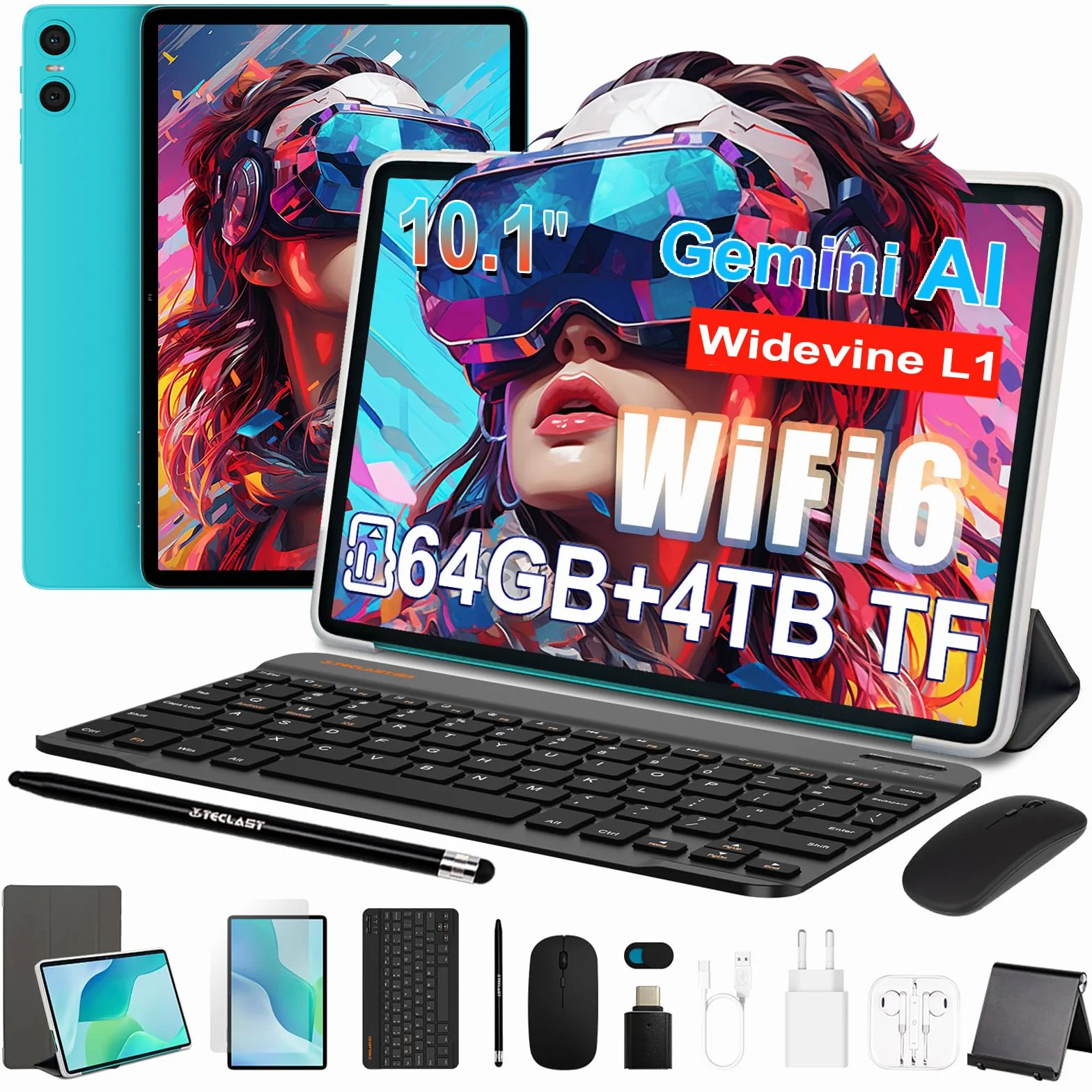 TECLAST P33 Tablet 10.1 Pollici Gemini AI Android Tablets 10 Accessori, 64GB ROM+4TB TF, 2GHz Octa-Core, 5G WiFi/Widevine L1/6000mAh/OTG/Tablet con Tastiera+Custodia+Penna+Mouse+3.5MM Auricolari, 2026
