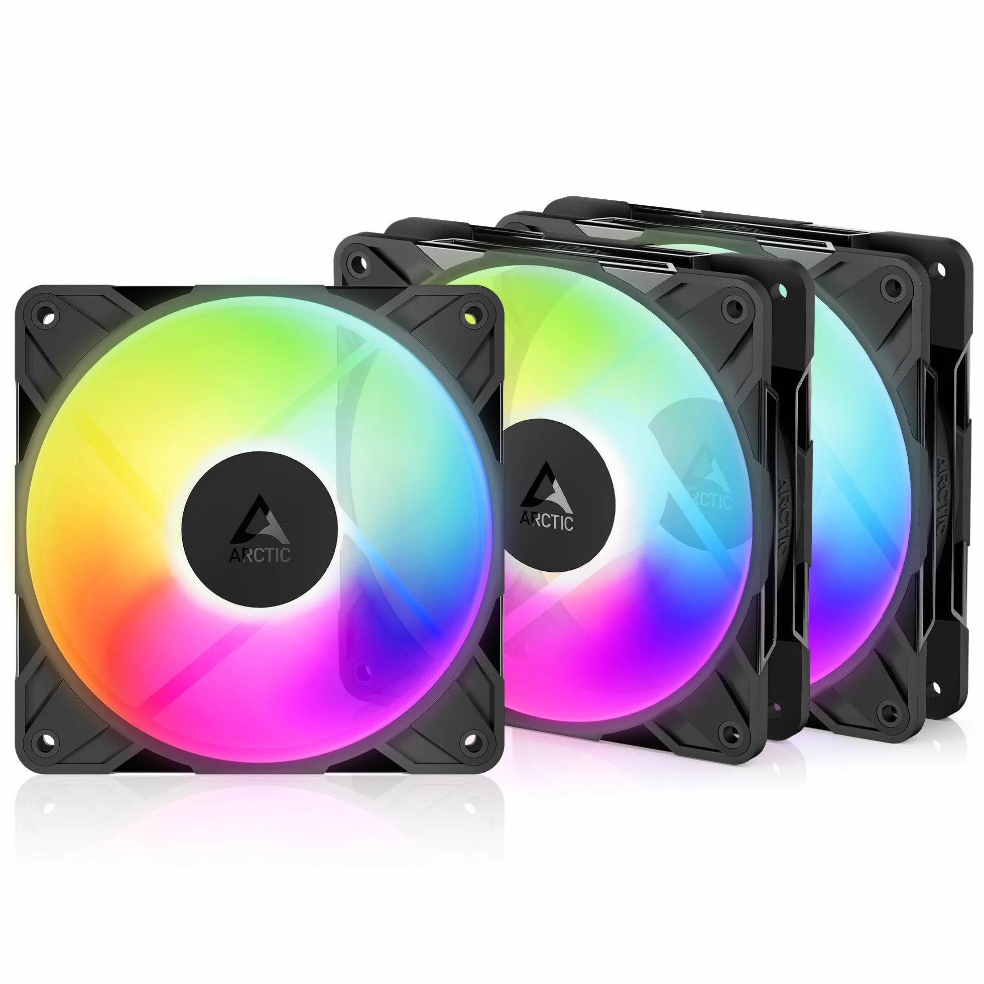 ARCTIC P12 Pro Reverse A-RGB – 3 Pack – 120 mm Ventola Premium con flusso d’aria inverso, Ventole PWM con splitter per cavo a Y, 500-3000 rpm, 0 rpm <5% PWM, 5V Digital RGB, FDB, 4-Pin - Nero