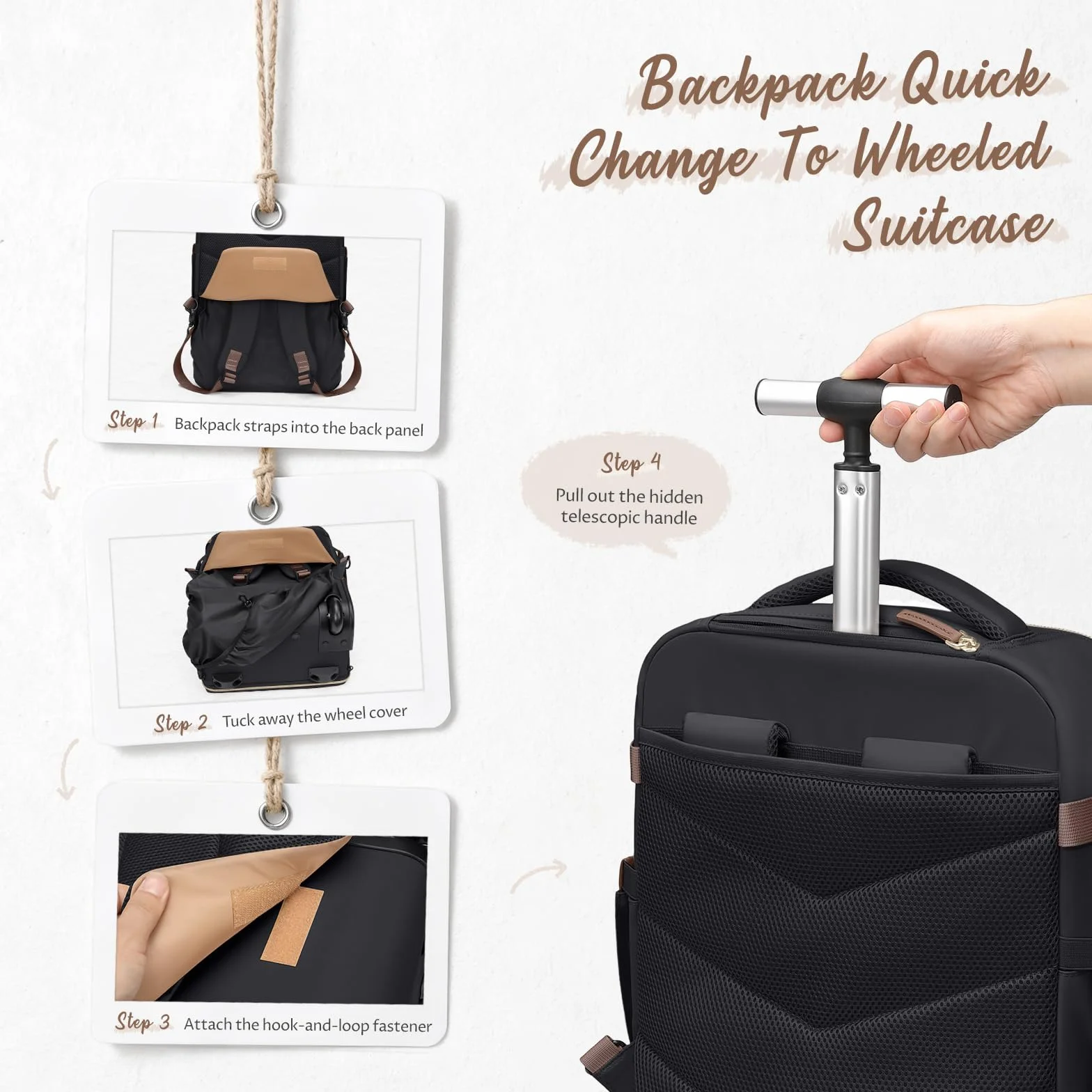 GOLF SUPAGS Zaino Trolley per PC Portatile da 17 Pollici, 32L Borsa da Viaggio con Ruote, Zaini Bagaglio a Mano con Maniglia Telescopica per Viaggio, Università, Affari (Nero)