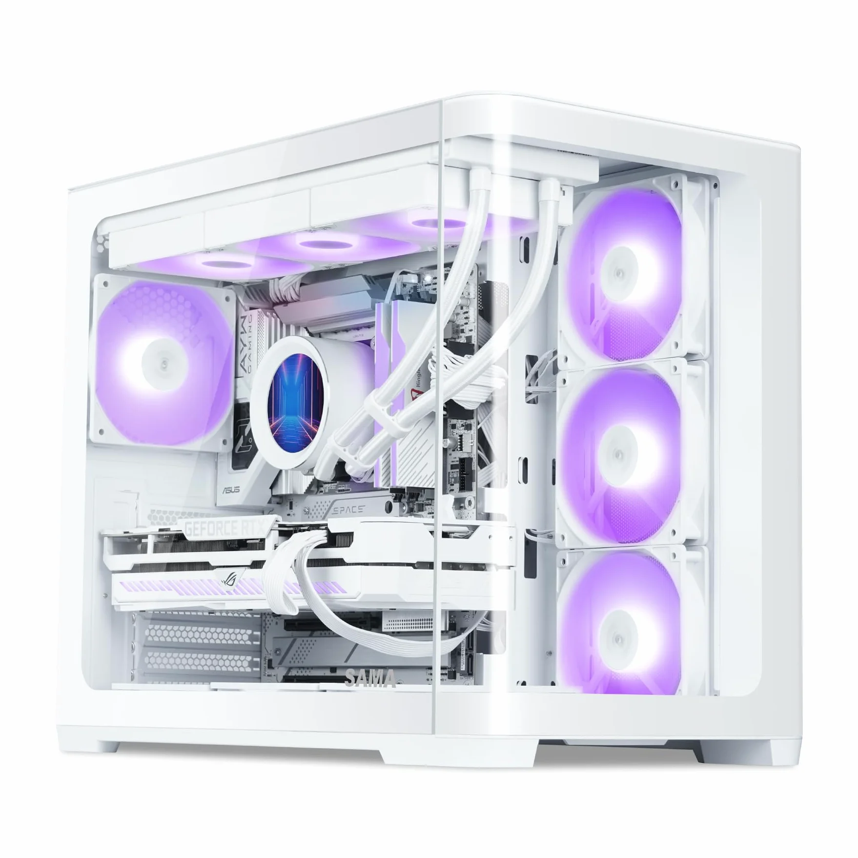 Case PC Mid Tower SAMA V60, Vetro Curvo, 7 Ventole ARGB, USB-C, Bianco | Case PC Gaming ATX ad Alto Flusso d'Aria, Compatibile Back-Connect, Supporto AIO 360mm