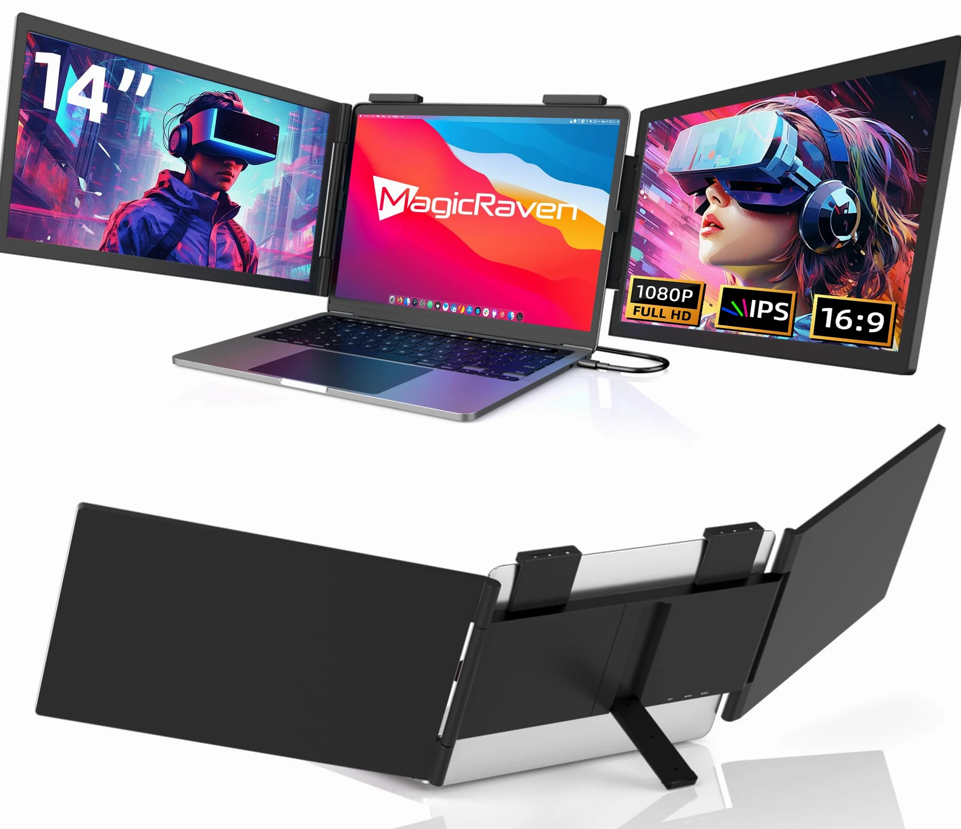 MAGICRAVEN Doppio Schermo PC Portatile, 14" FHD 1080P IPS Triplo Schermo PC Portatile, Monitor Portatile per Laptop da 14" a 16", Doppio Monitor Compatibile con Windows/MacBook/Chrome/PS/X-Bo