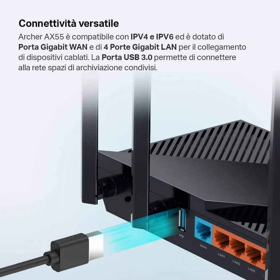 TP-Link Archer Ax55 Router Wifi 6 Dual-Band Ax 3000 Mbps, 5 Porte Gigabit, 1 Porta Usb 3.0, TP-Link Homeshield, Onemesh, Router F, Ftth, Fttb, Ethernet, Tether App, Compatibile Con Alexa, Nero