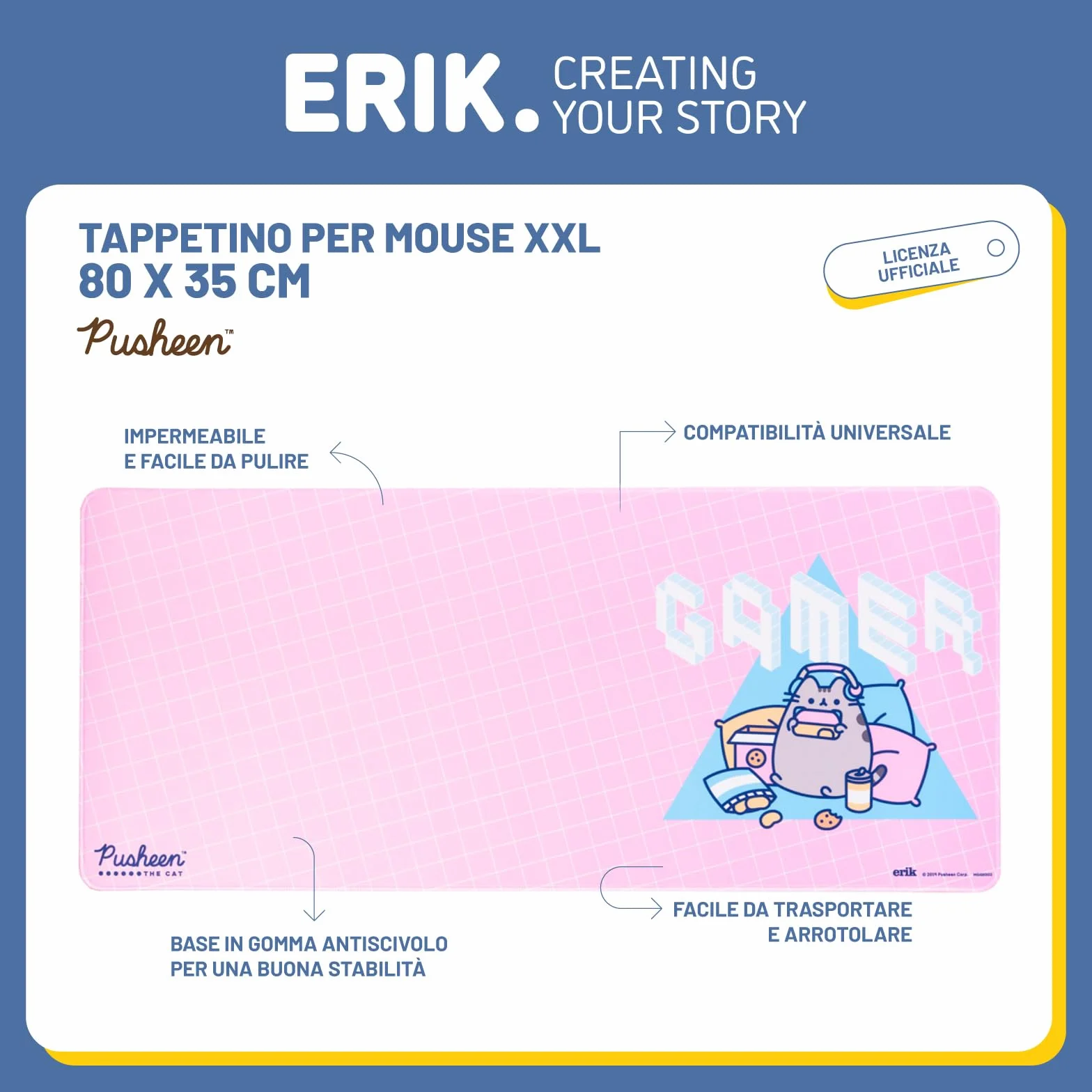 Grupo Erik Tappetino Mouse XXL Pusheen - Tappetino Scrivania Impermeabile e Antiscivolo 80x35 cm | Mousepad, Accessori Gaming per Scrivania | Regalo Kawaii