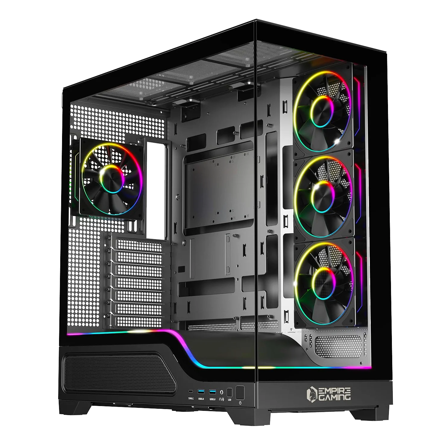 EMPIRE GAMING EC259 - Case PC Gaming Mid Tower spazioso ATX/mATX/ITX, Doppio Vetro Temperato Panoramico, ARGB Integrata (Striscia LED + 4 Ventole 120 mm + HUB PWM), GPU XXL 440 mm, AIO 360 mm, USB-C