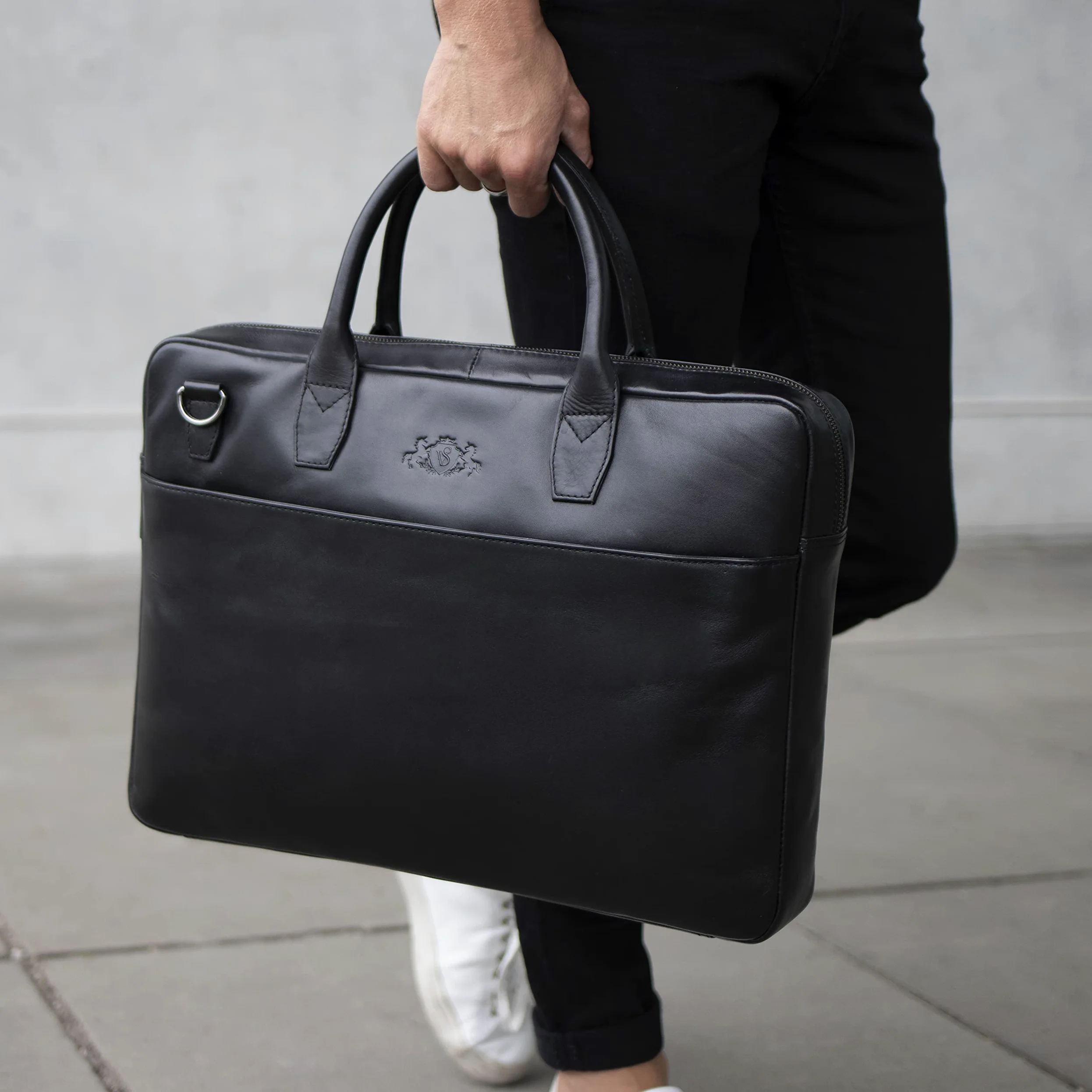 SID & VAIN® Borsa tracolla porta pc vera pelle BOSTON grande cartella laptop computer portatile Messenger porta-documenti Business uomo donna nero prodotto artigianale