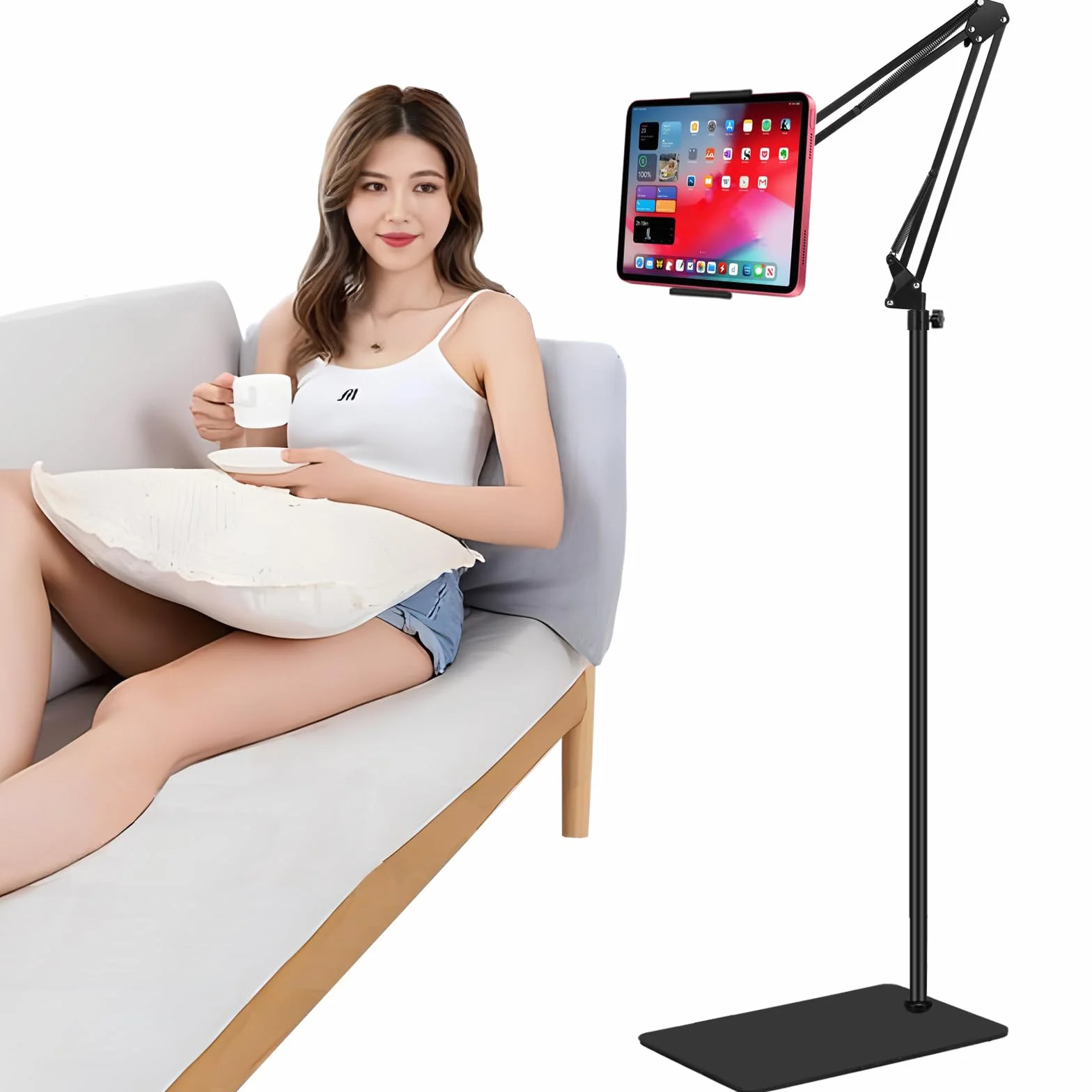 Regolabile Supporto da Pavimento per Tablet Universale in Metallo 360° per iPad iPhone X iPad Pro 4.5-12.9 Pollici Nero
