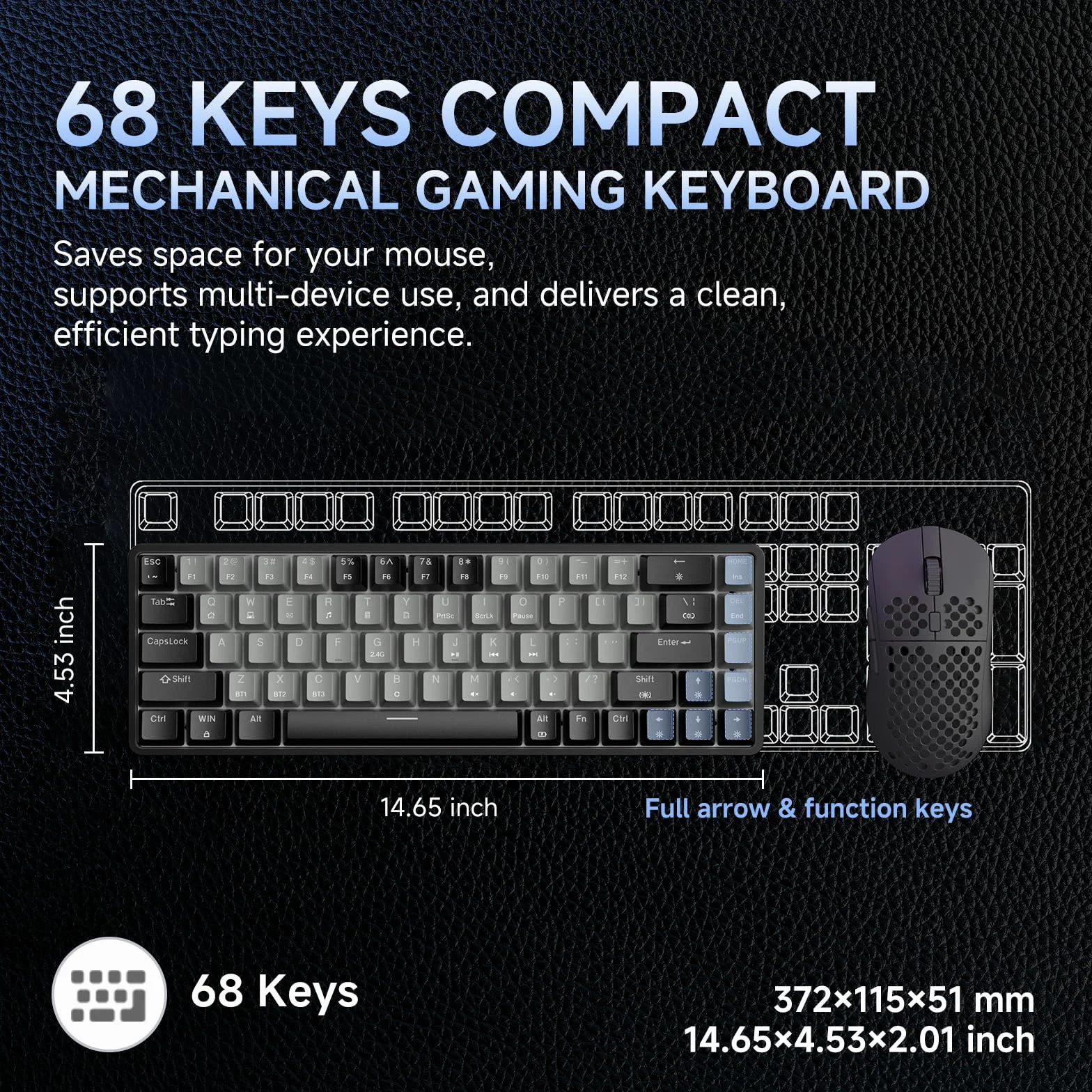 Dierya DK68 Tastiera Gaming Wireless,60% Tastiera Meccanica Bluetooth/2.4G/USB-C RGB,Interruttore Rosso,Double-Shot ABS Keycaps Compatibile con Win/Mac,Grigio nero-A(Layout US,QWERTY)