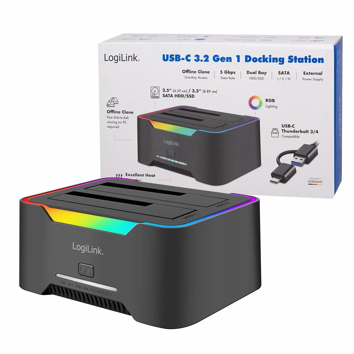 LogiLink Doppia docking station USB-C 3.2 Gen1 a 2 porte, per dischi rigidi da 2,5" e 3,5", SSD/HDD, con clone offline (senza clonare i dischi rigidi PC), 5 Gbps di trasferimento dati