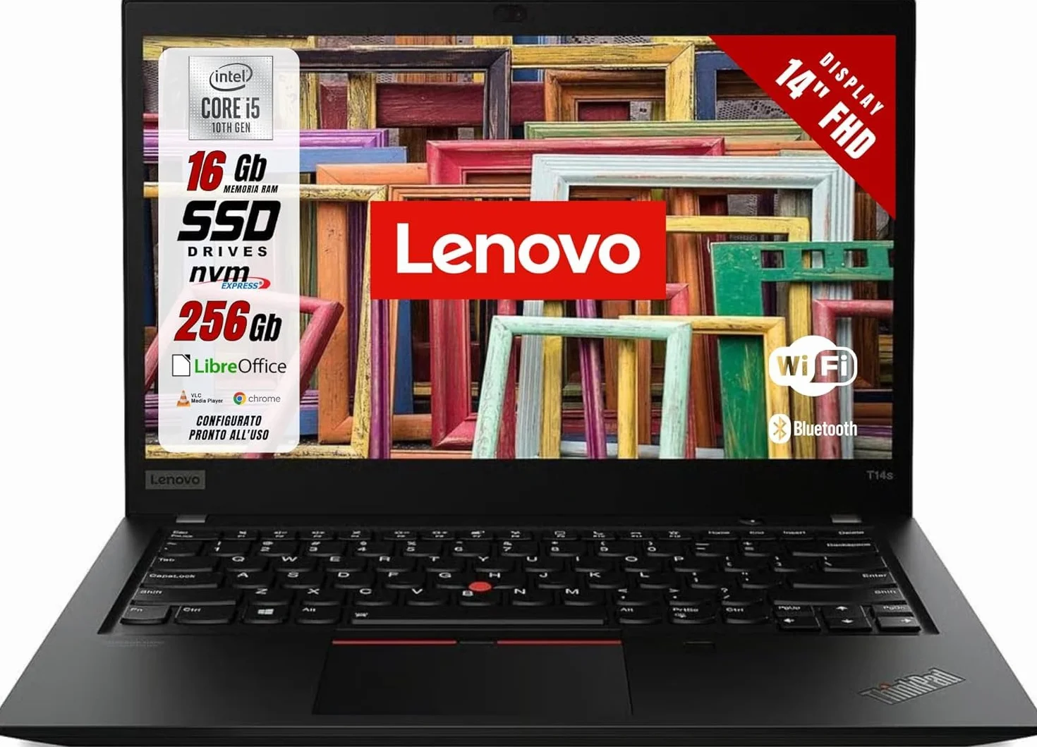 Lenovo, Pc portatile Intel Core i5-10Gen Pronto All'Uso con Pacchetto libre office, Notebook Full HD da 14", Ram 16Gb, SSD 256Gb, Garanzia Italiana (Ricondizionato)