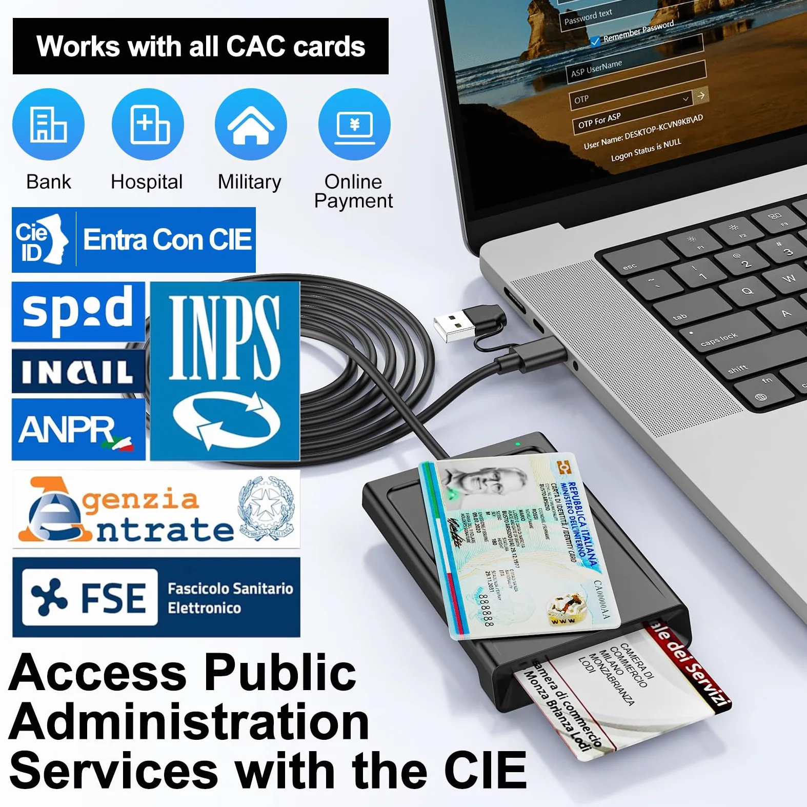 Lettore CIE 3.0 Carta d'Identità e Tessera Sanitaria,USB-A + USB-C Lettore Smart Card Firma Digitale,Lettore Carta Identita Elettronica Contatto e Contactless CIE/CRS/CNS Smart Card NFC per Windows