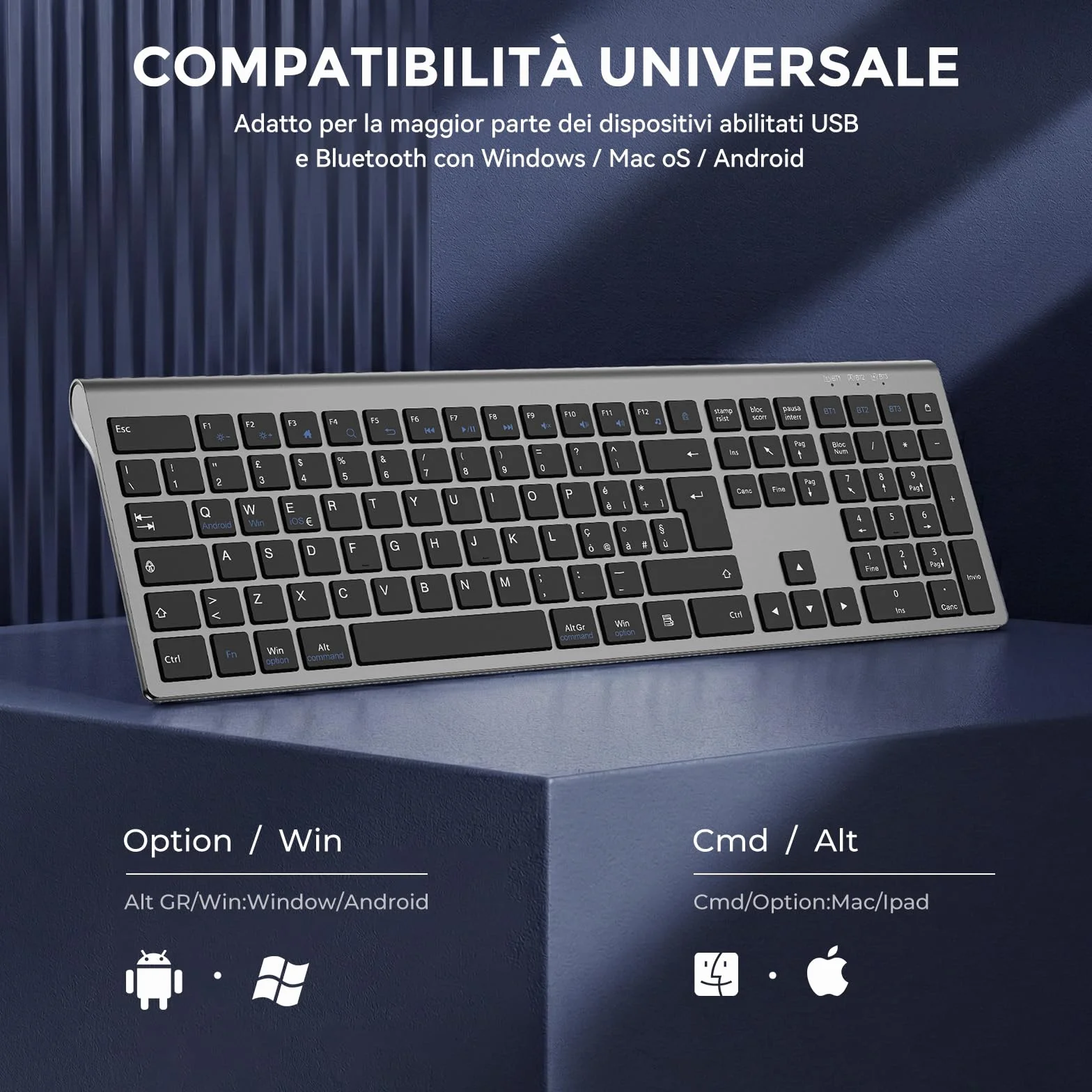 cimetech Tastiera wireless Bluetooth, Tastiera wireless ricaricabile multi-dispositivo con connessione facile fino a 3 dispositivi - Layout italiano, tasti silenziosi Compatibile con Mac, Windows, iOS