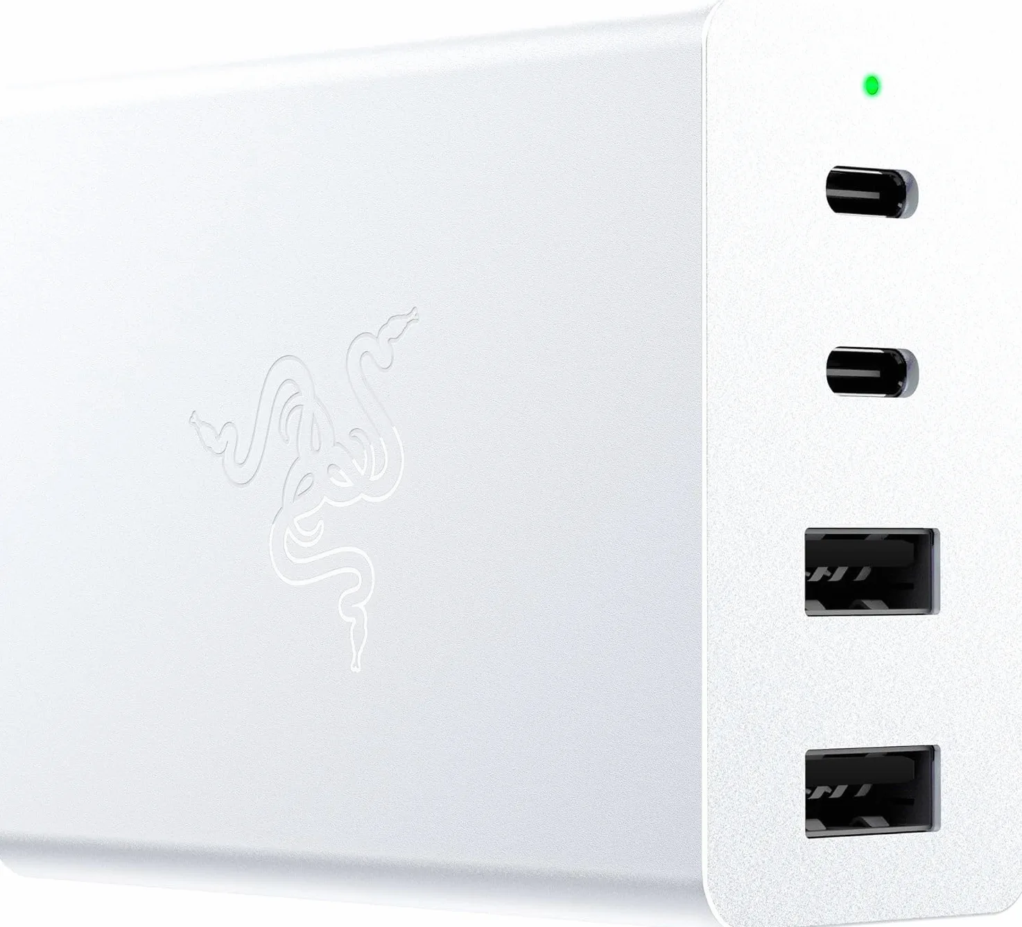 Razer Caricabatterie USB-C GaN - USB-C 130W GaN Charger, Caricatore rapido portatile (2X USB-C, 2X USB-A con porte USA, UE e UK) Bianco
