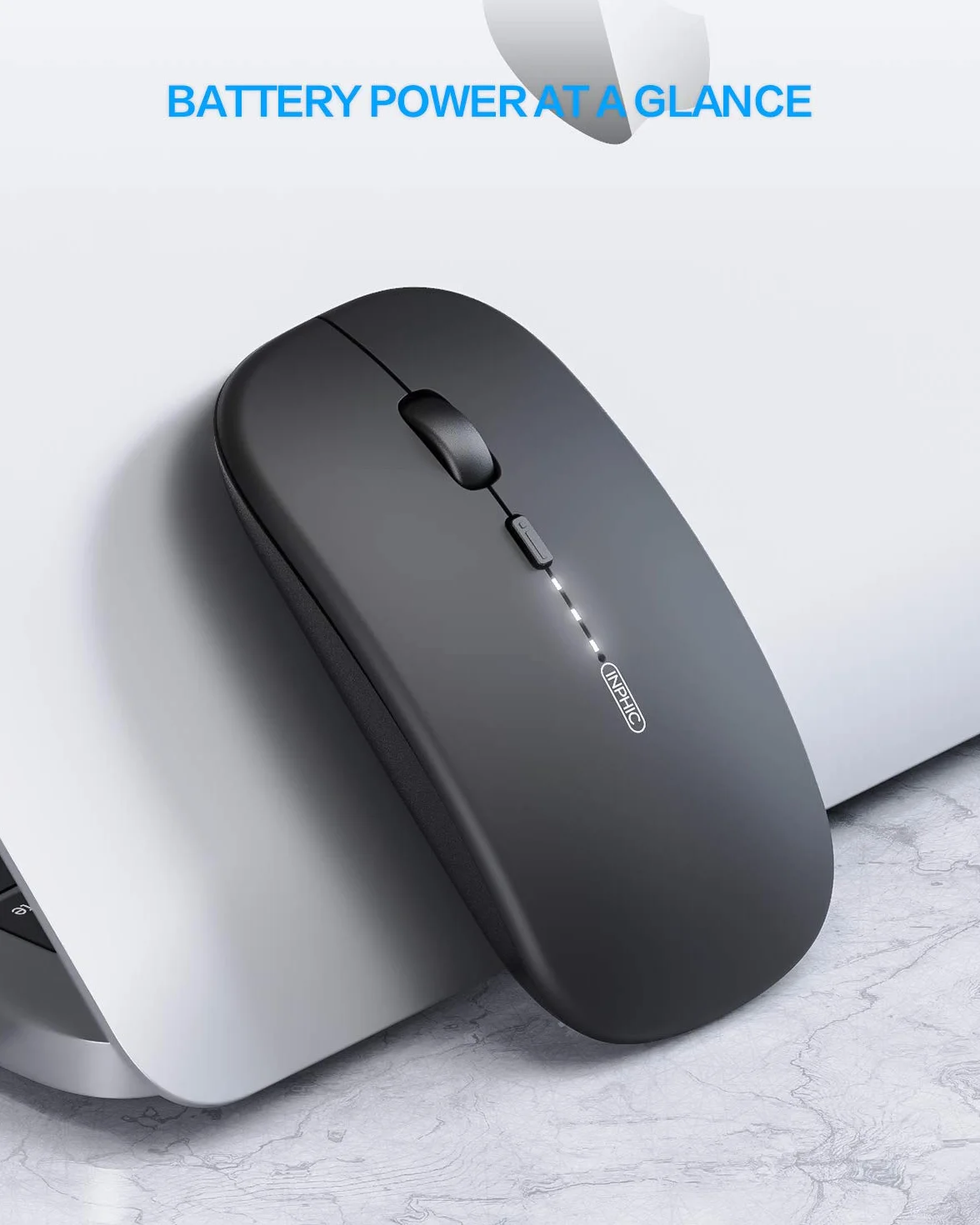 INPHIC Mouse wireless ricaricabile, ultra sottile 2.4G silenzioso mouse senza fili ottico 1600 DPI con ricevitore USB per laptop, MacBook, PC, Windows, ufficio, carica batteria visibile, nero