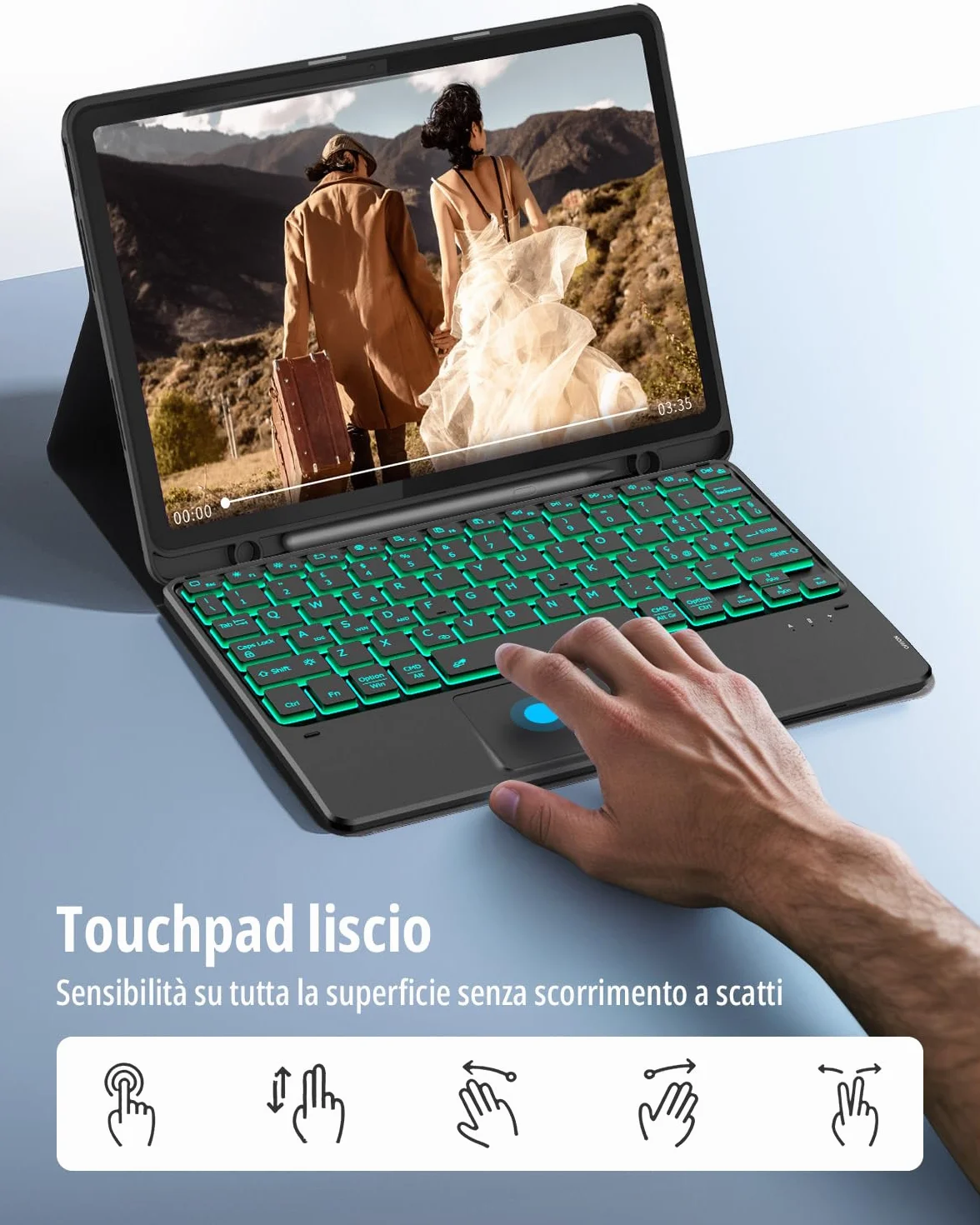 CACOE Cover con Tastiera Compatibile con Lenovo Idea Tab 11 Pollici Tablet 2025 con Touchpad, Custodia con Portapenne Tastiera Wireless Staccabile con Illuminazione a 7 Colori, Nero