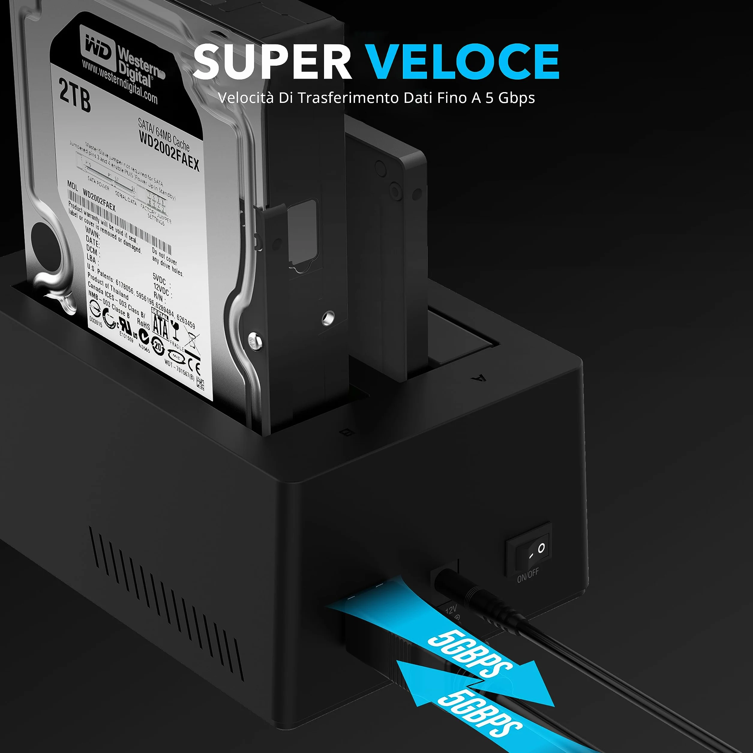 SABRENT Docking Station SSD/Hard Disk esterno/HDD 2.5/3.5 pollici, USB 3.0 Gen 1, 2 slot per SSD/HDD, con alimentatore, per SSD SATA fino a 22TB, con funzione clonatore di Hard Disk (EC-HD2B-EU)