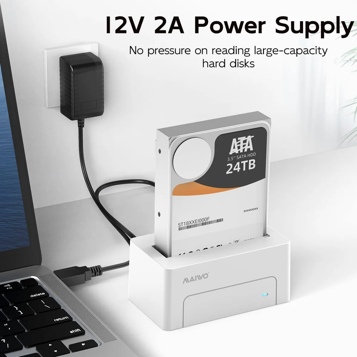 MAIWO Adattatore da SAS a USB 3.0, 2,5" SAS SATA HDD SSD, capacità 24 TB, docking station per lettore di dischi rigidi esterni con adattatore di alimentazione 12 V 2 A, senza attrezzi (bianco)