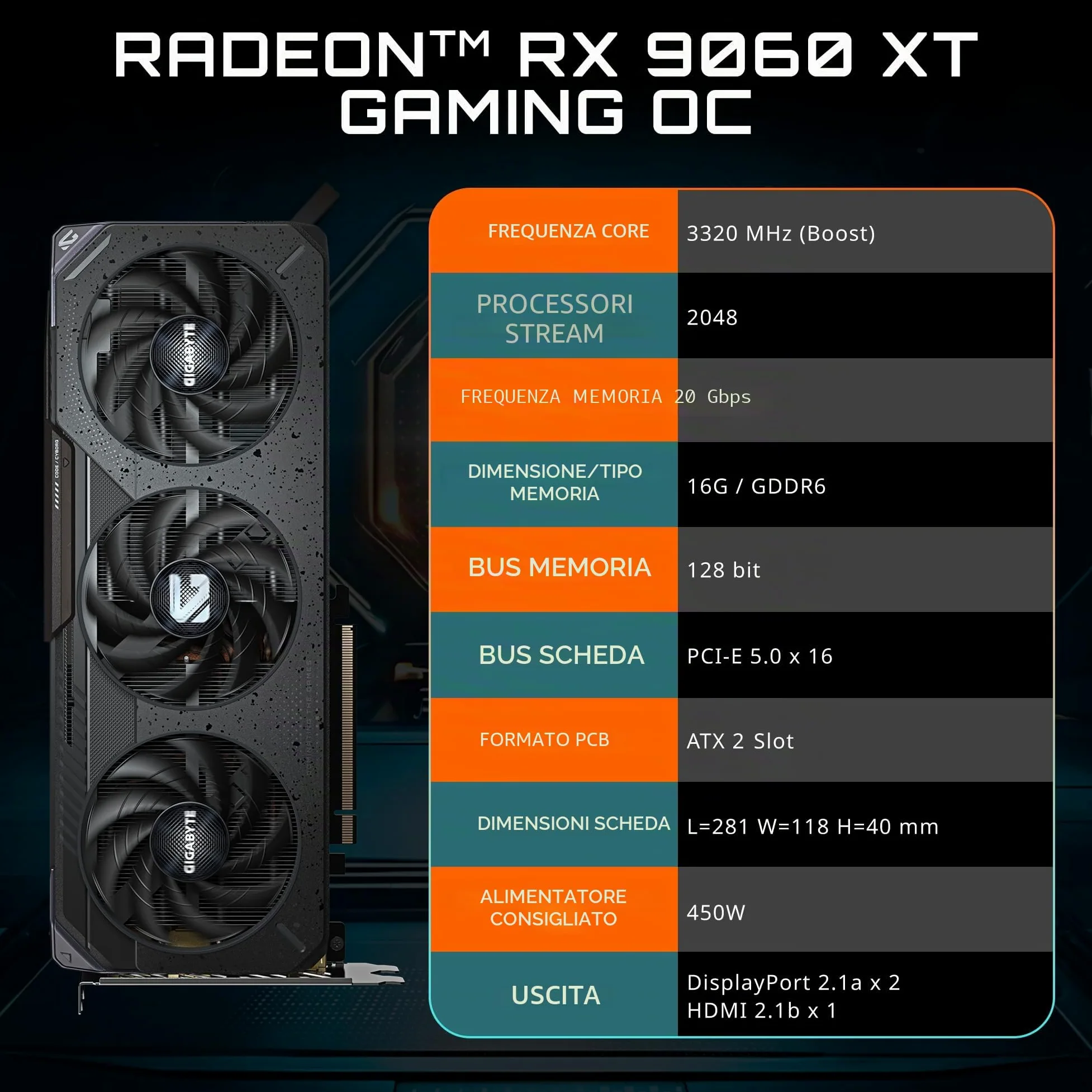 GIGABYTE Scheda grafica Radeon RX 9060 XT Gaming OC 16G, PCIe 5.0, 16GB GDDR6, GV-R9060XTGAMING OC-16GD Scheda Video