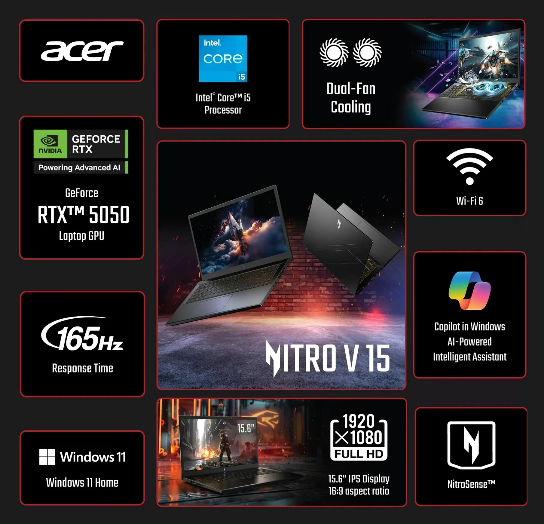 acer Nitro V 15,6" FHD IPS 165Hz Gaming Laptop, Intel Core i5-13420H, NVIDIA GeForce RTX 5050 con 8GB GDDR7 VRAM, Win11H, w/Mouse pad (32GB RAM, 1TB PCIe SSD)