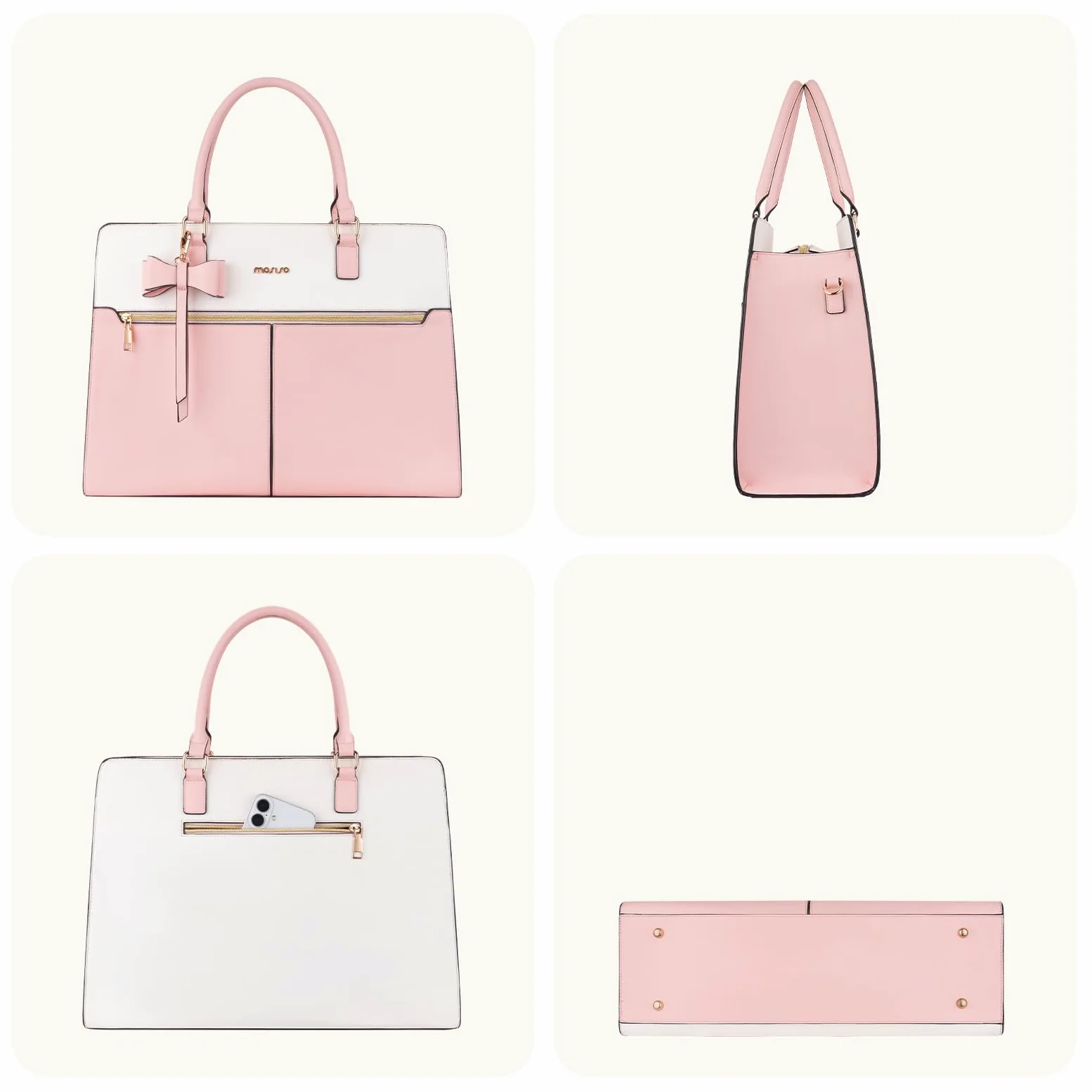 MOSISO Borsa Tote Laptop Donna, 15.6 Pollici Lavoro Pelle PU Impermeabile con Pochette e Fiocco, Borse a Mano Grande Capacita, Borsa a Tracolla Computer, Valigetta Lavoro Ufficio, Insegnante,Rosa
