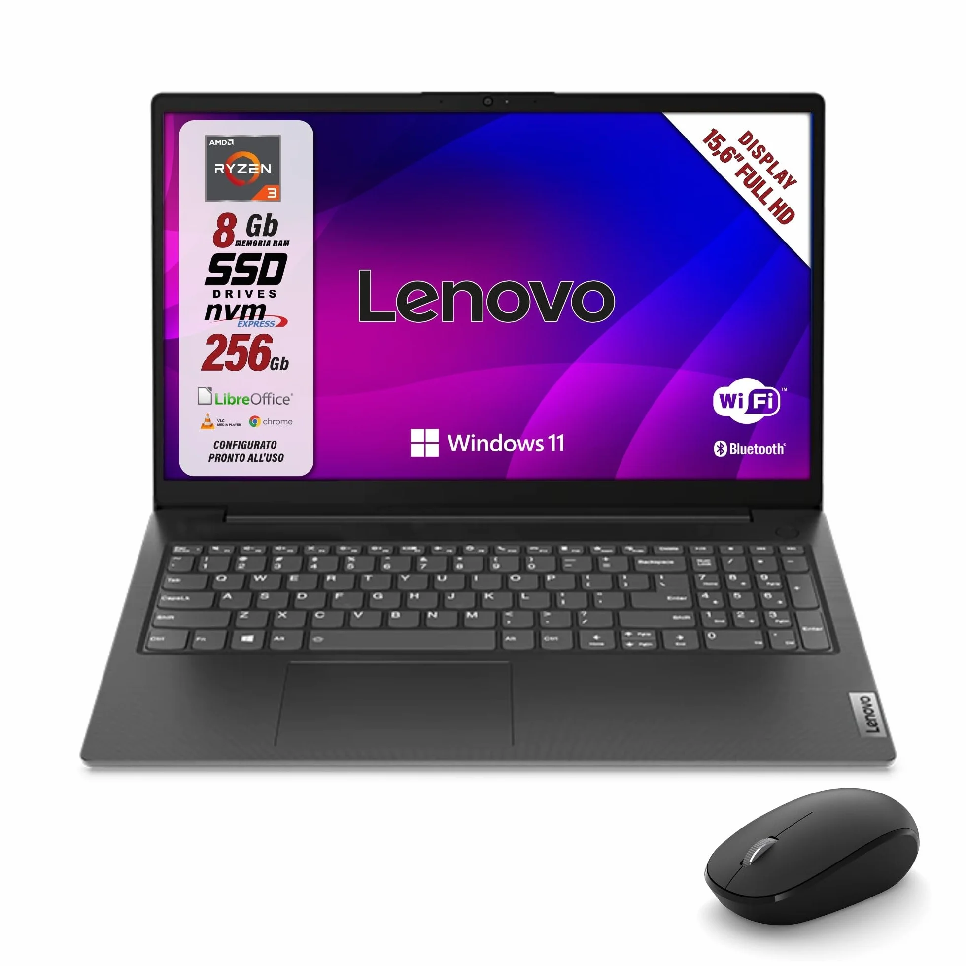 Lenovo Notebook PC AMD Ryzen 3 7th 8GB RAM 256GB SSD 15.6" FHD Display Windows 11 Pro