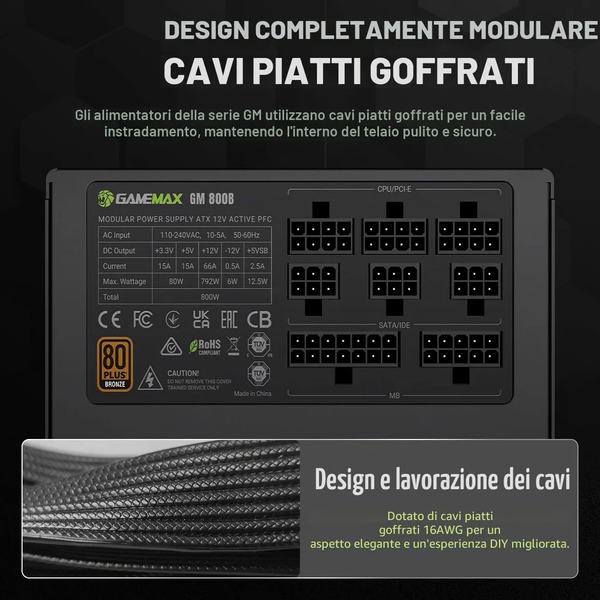 GAMEMAX GM 800B Alimentatore PC 800W Full Modular, 80Plus Bronze, Active PFC & DC-to-DC, ATX Single 12V Rail, Ventola 140mm Condensatori di alta qualità, 7 funzioni di protezione, 5 anni di garanzia