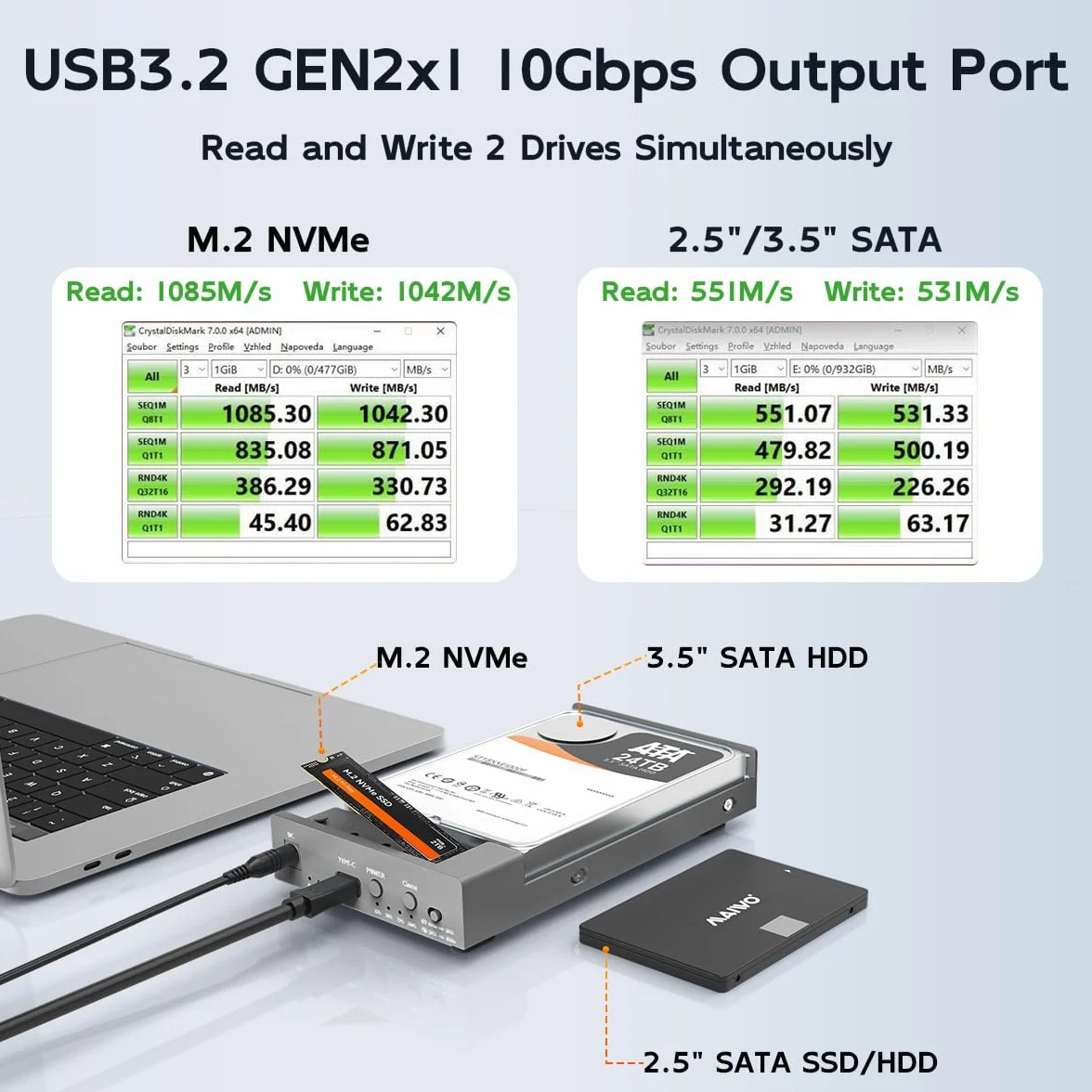 MAIWO Docking station USB C per M.2 PCIe NVMe + SATA SSD/HDD da 2,5 pollici da 3,5 pollici con clone offline, clone HDD a NVMe SSD, USB 3.2 GEN 2 10Gbps Hard Drive Esterno Enclosure