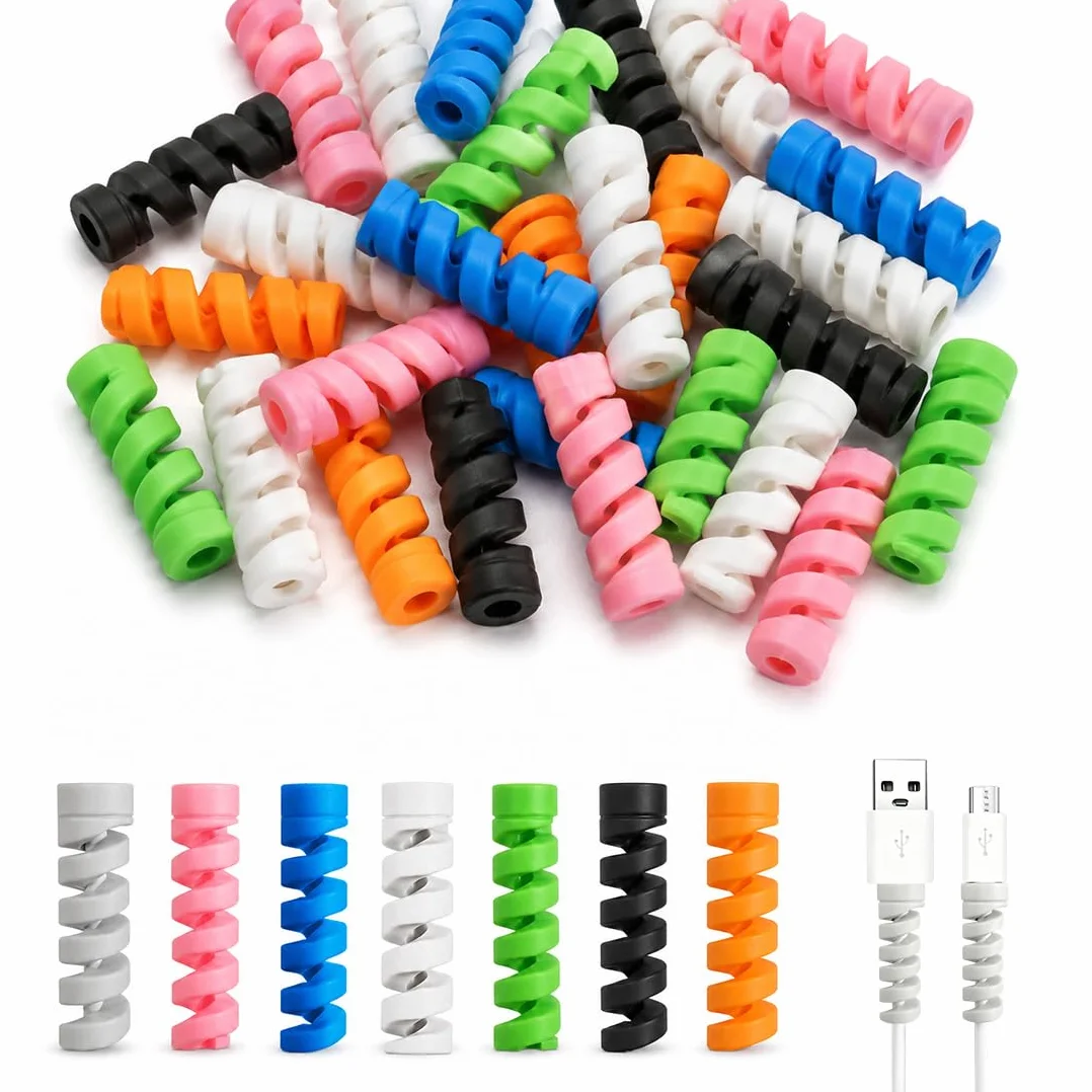 28 Protezione Cavo Copri Caricatore in silicone a spirale, antigroviglio e antirosicchiamento, per cavi Apple e Android, multicolore (verde, nero, bianco, grigio, giallo, rosa, blu)