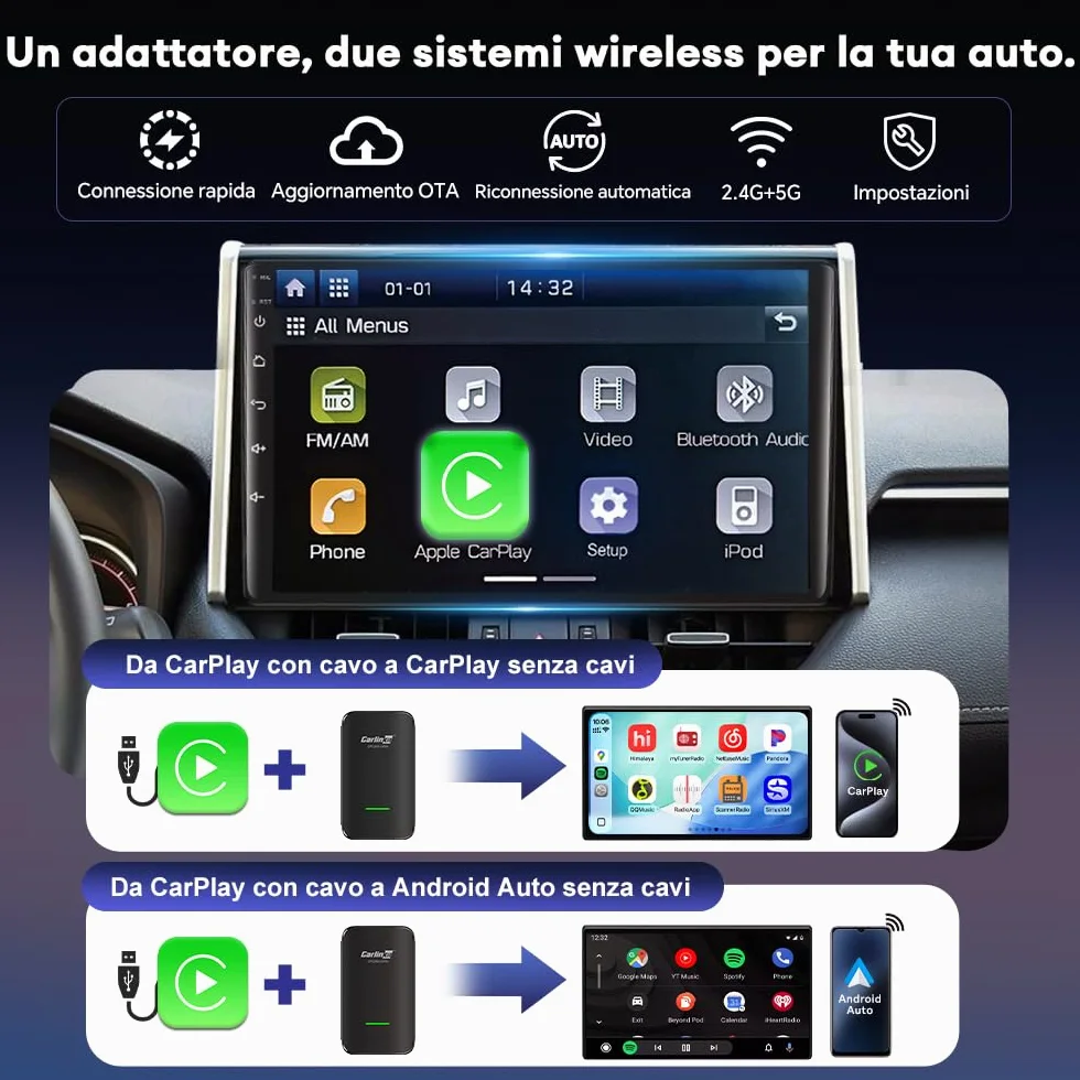 Carlinkit Adattatore CarPlay CP2A Pro senza fili - Supporta lo streaming di Netflix/YouTube/TikTok Lite per auto CarPlay cablate di fabbrica, dongle Android senza fili e per auto, USB-A/C