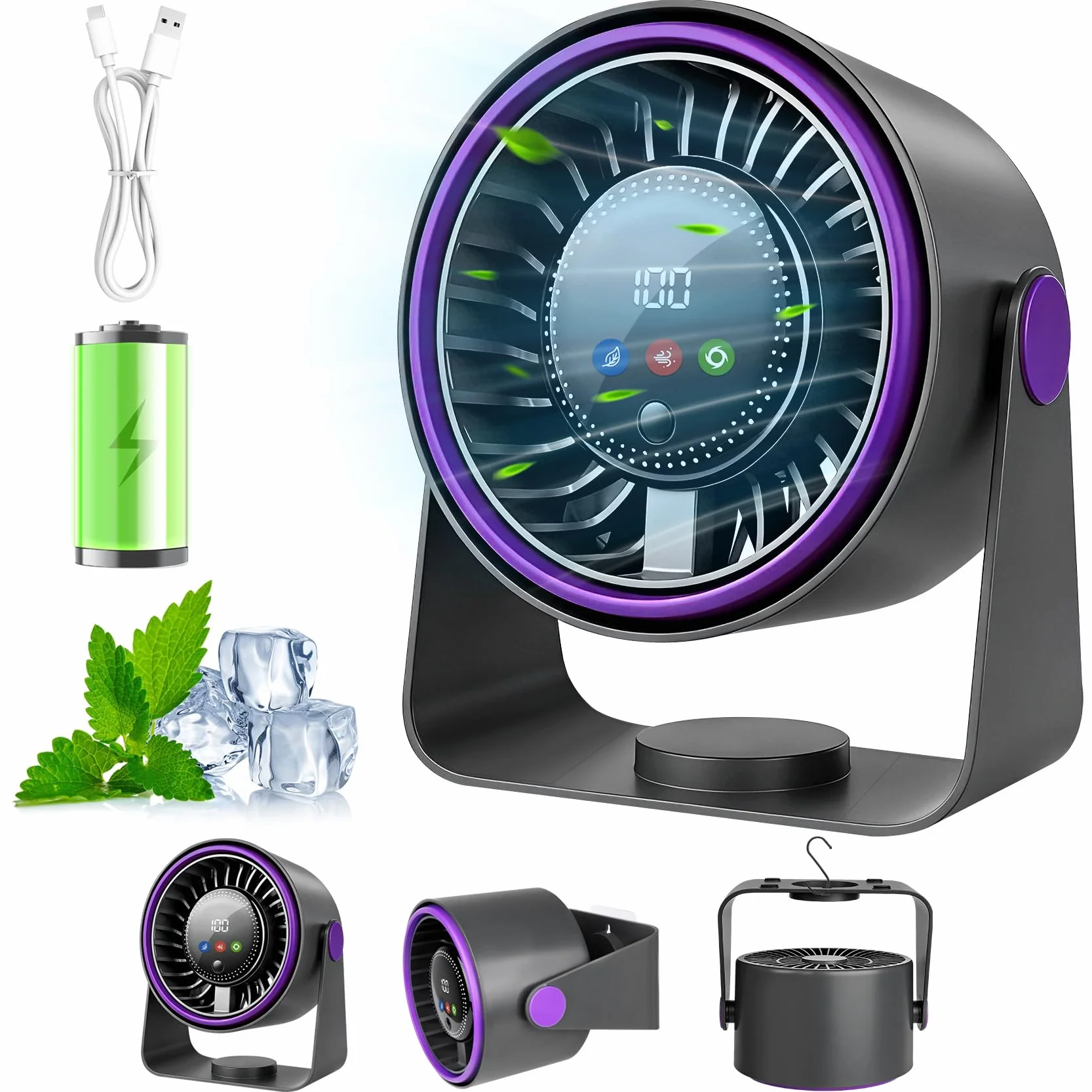 Ventilatore da Tavolo Silenzioso, Ventilatore USB Potente a Batteria Ricaricabile 3 in 1 Ventilatore Portatile 5 Velocità 360° Regolabile Ventilatore da Scrivania per Campeggio Ufficio Cucina Camper