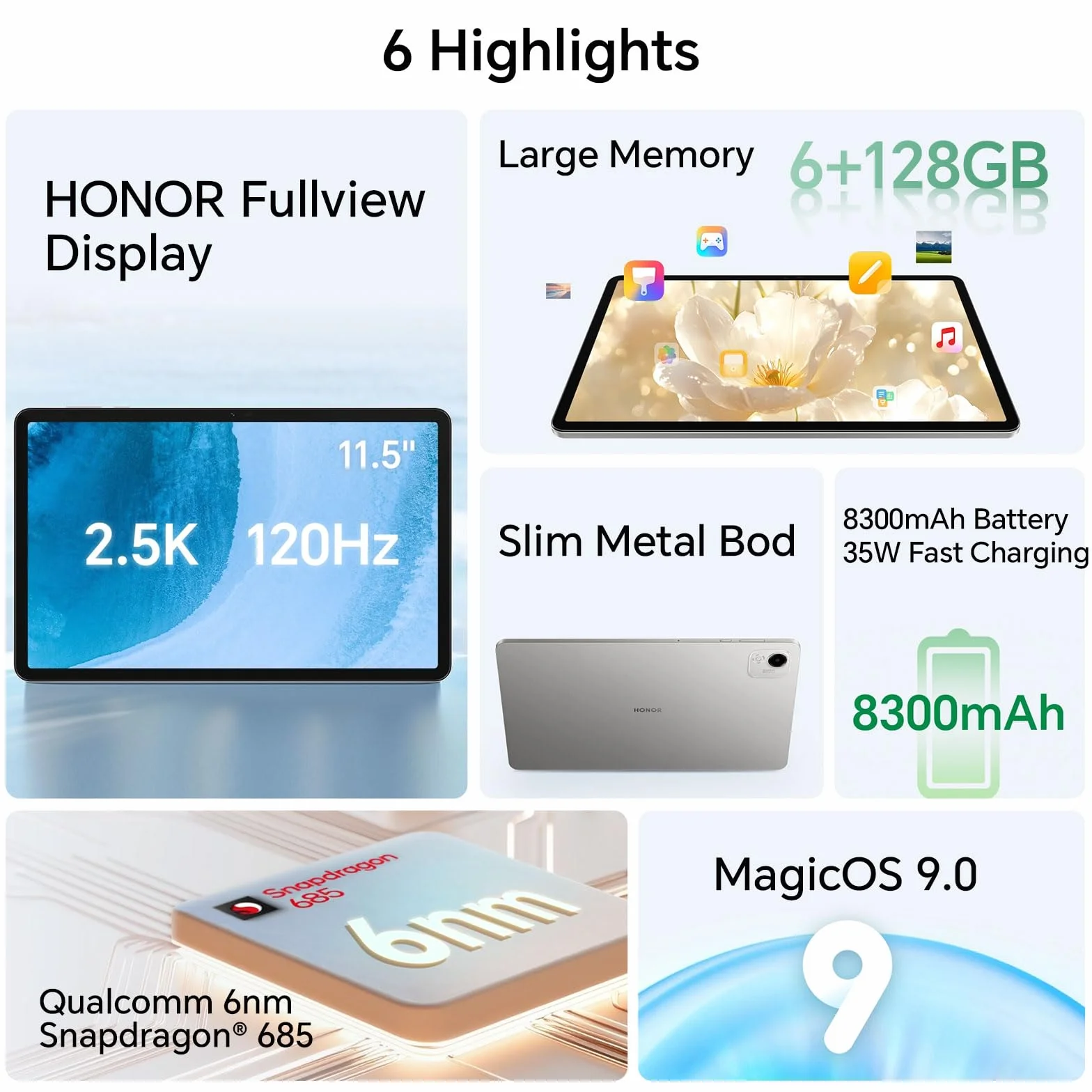 HONOR Pad X9a 6GB 128GB WIFI Tablet, 11,5 Pollici a 120Hz 2,5K, Qualcomm 6nm Snapdragon 685, 4 Altoparlanti, 8300mAh Batteria, Corpo in Metallo, Android 15, Google Service, Grigio