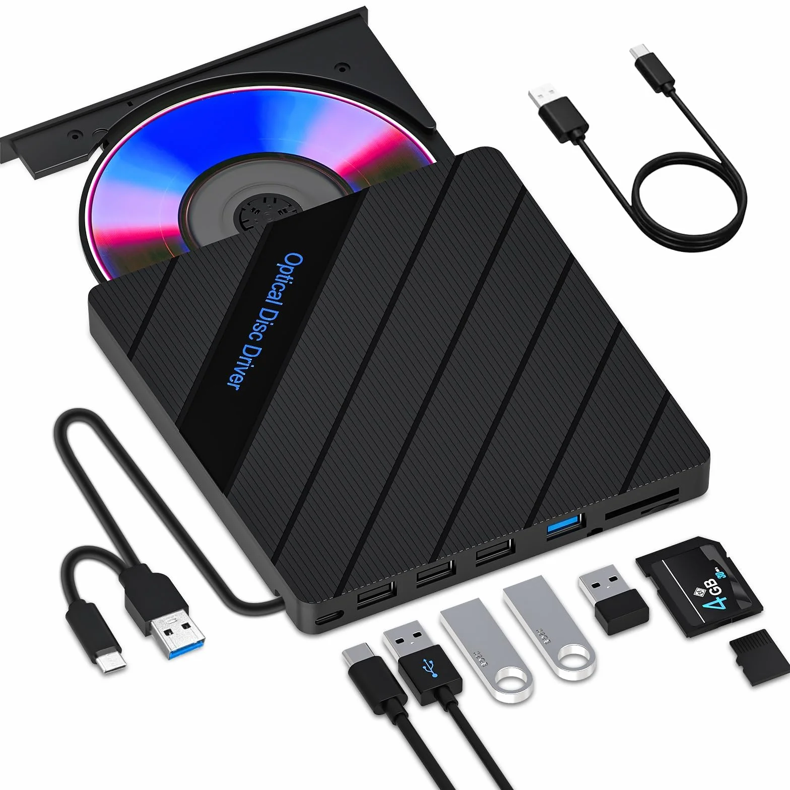 Masterizzatore DVD esterno 8 in 1 per laptop USB 3.0 Type-C Lettore Masterizzatore/lettore CD/DVD RW con slot SD/TF e 4 porte USB, unità disco ottico per Windows 11/10/Mac OS/Macbook/Vista/Linux