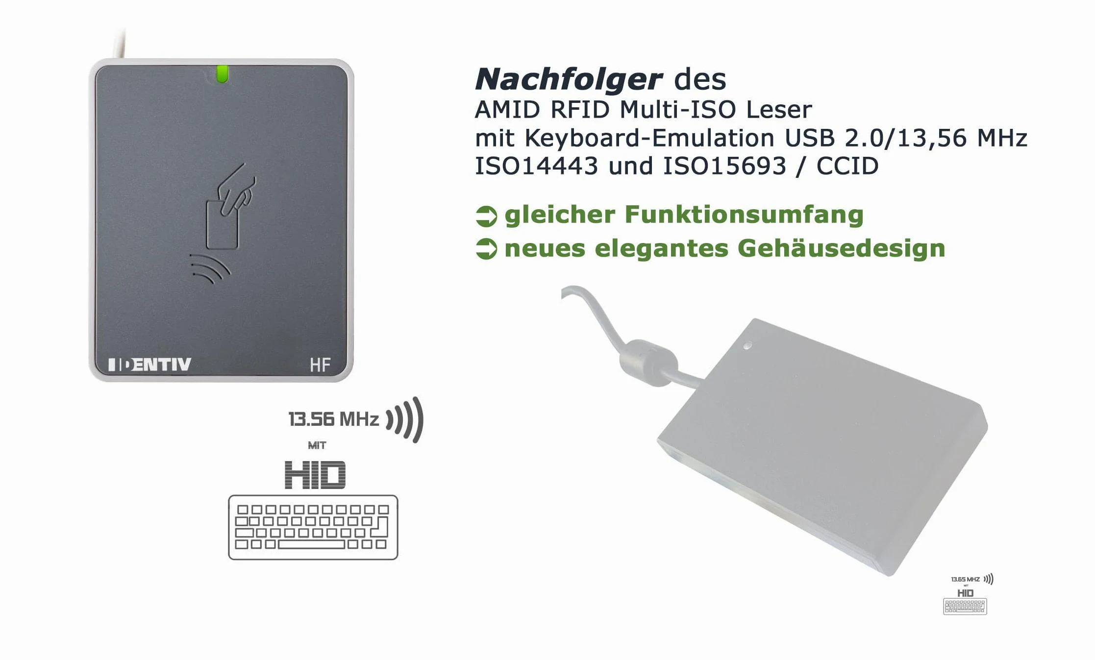 utrust 3721 F - Lettore multi-ISO con emulazione della tastiera USB 2.0/13,56 MHz / ISO14443 e ISO15693 / CCID