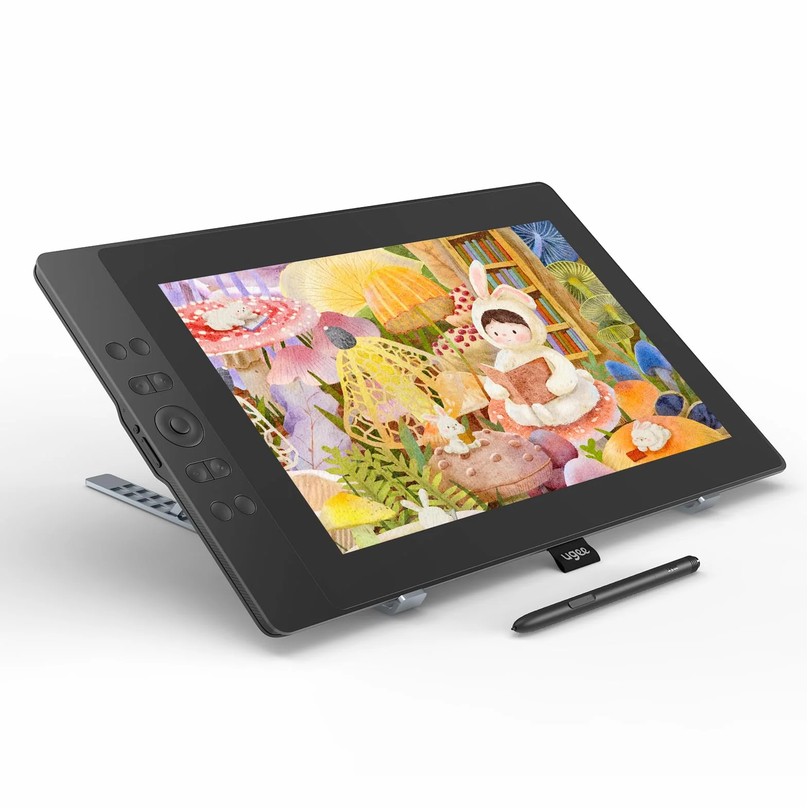 Tavoletta Grafica ugee con Display, UE16 FHD IPS da 15,4 Pollici con Schermo sRGB al 143%, Stilo Senza Batteria da 16K Passi, 8 Tasti di Scelta Rapida Fisici e una Rotella Rotonda