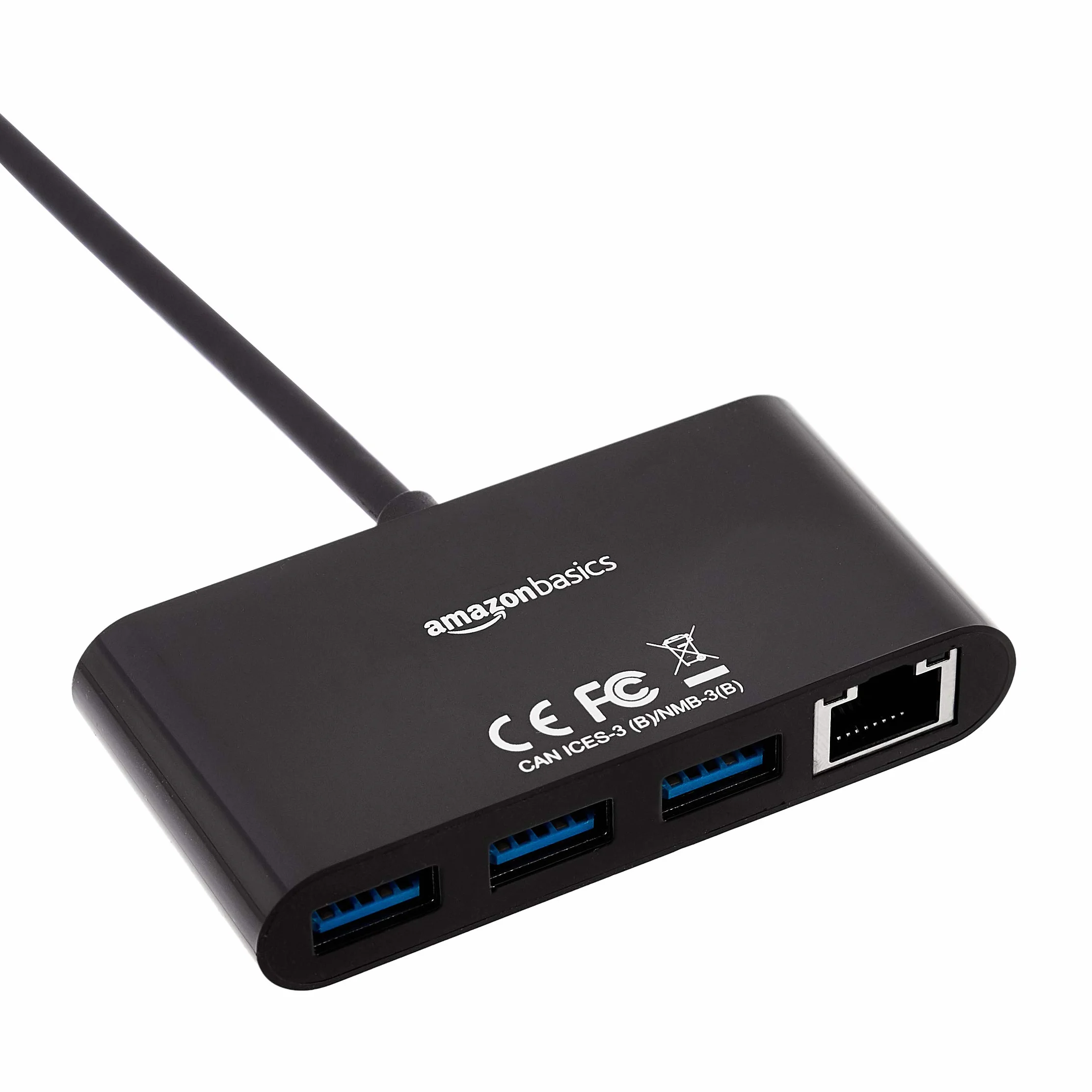 Amazon Basics Adattatore a 3 porte USB 3.0 con porta gigabit ethernet, 3 USB A + 1 RJ45, Nero
