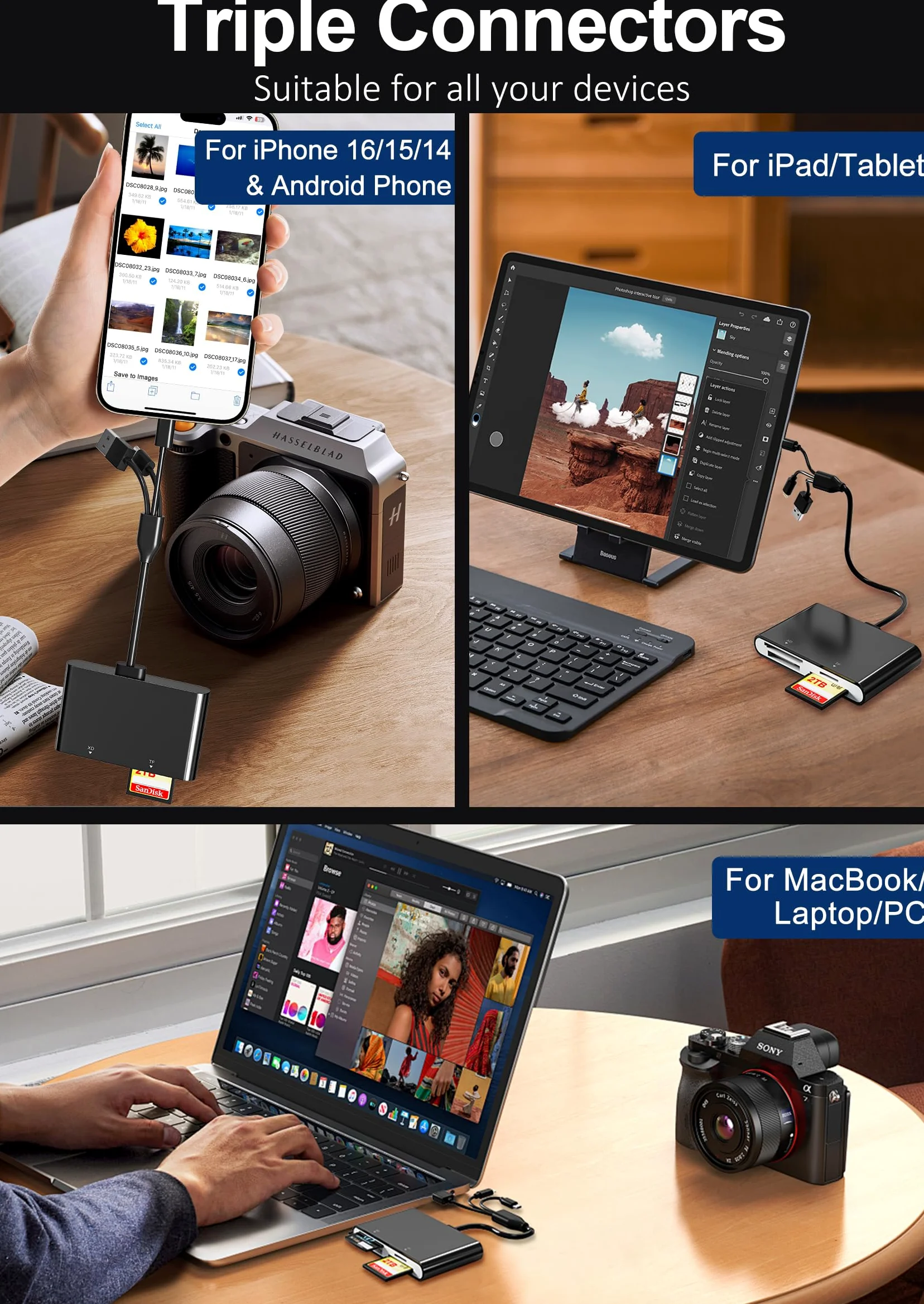 Lettore Memory Stick Pro Duo – Lettore di schede di memoria multi 4 in 1 con triplo Lightning/USB-C/USB-A per SD/Micro SD/MS/xD-Picture Card, Sony Cybershot Memory Stick Pro Duo Adattatore per iPhone