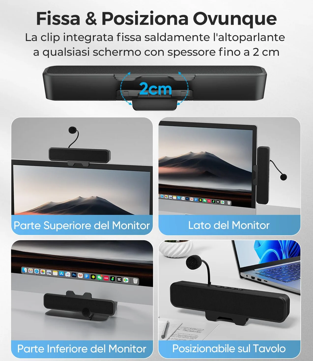 USB Altoparlanti per Computer con Microfono Staccabile, Altoparlante da Scrivania Plug and Play con Clip per Monitor, Suono Stereo & Bassi, Ideali per PC, PS5, Switch 2 e Laptop