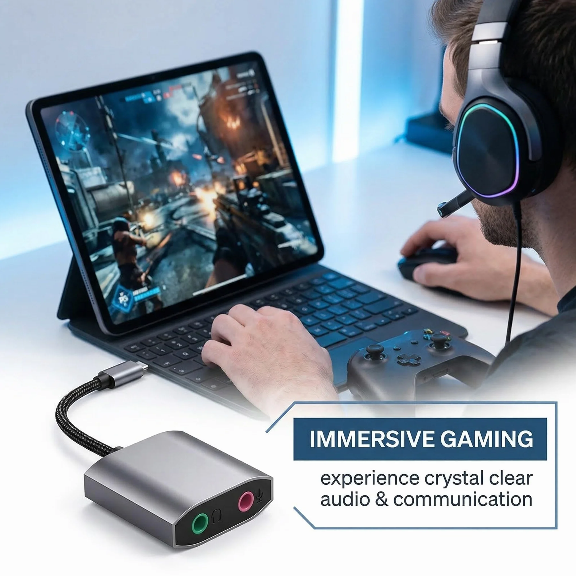 Scheda Audio Esterna USB C, Adattatore Audio Tipo C a Jack 3,5mm Hi-Fi 24-bit/96kHz, Convertitore Audio con Ingresso Microfono e Uscita Cuffie, Plug & Play per PC, Laptop, perPS5PS4Xbox