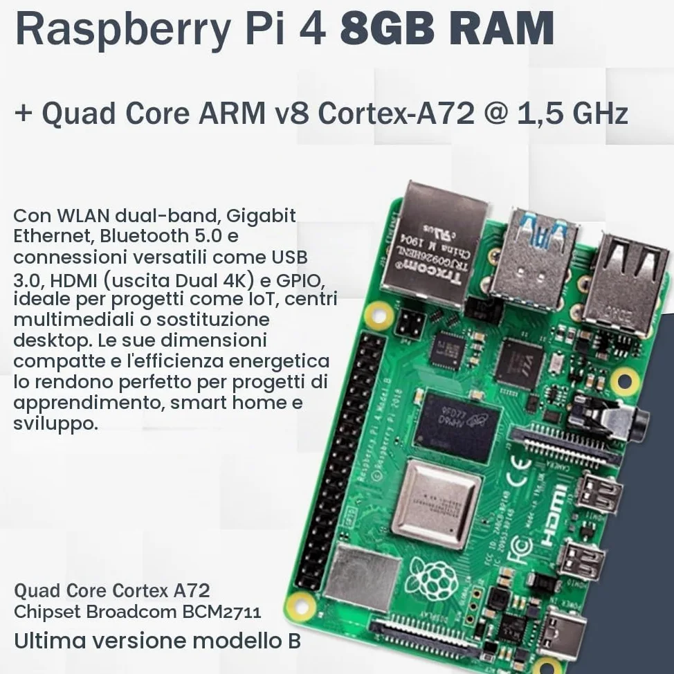 Raspberry Pi 4 8GB Starter Set | Scheda SD Ultra 64GB | Alimentatore USB-C 15W | Alloggiamento | Cavo Micro HDMI 4K | Set Dissipatore di Calore | Raspberry Pi 4 Model B 8GB RAM