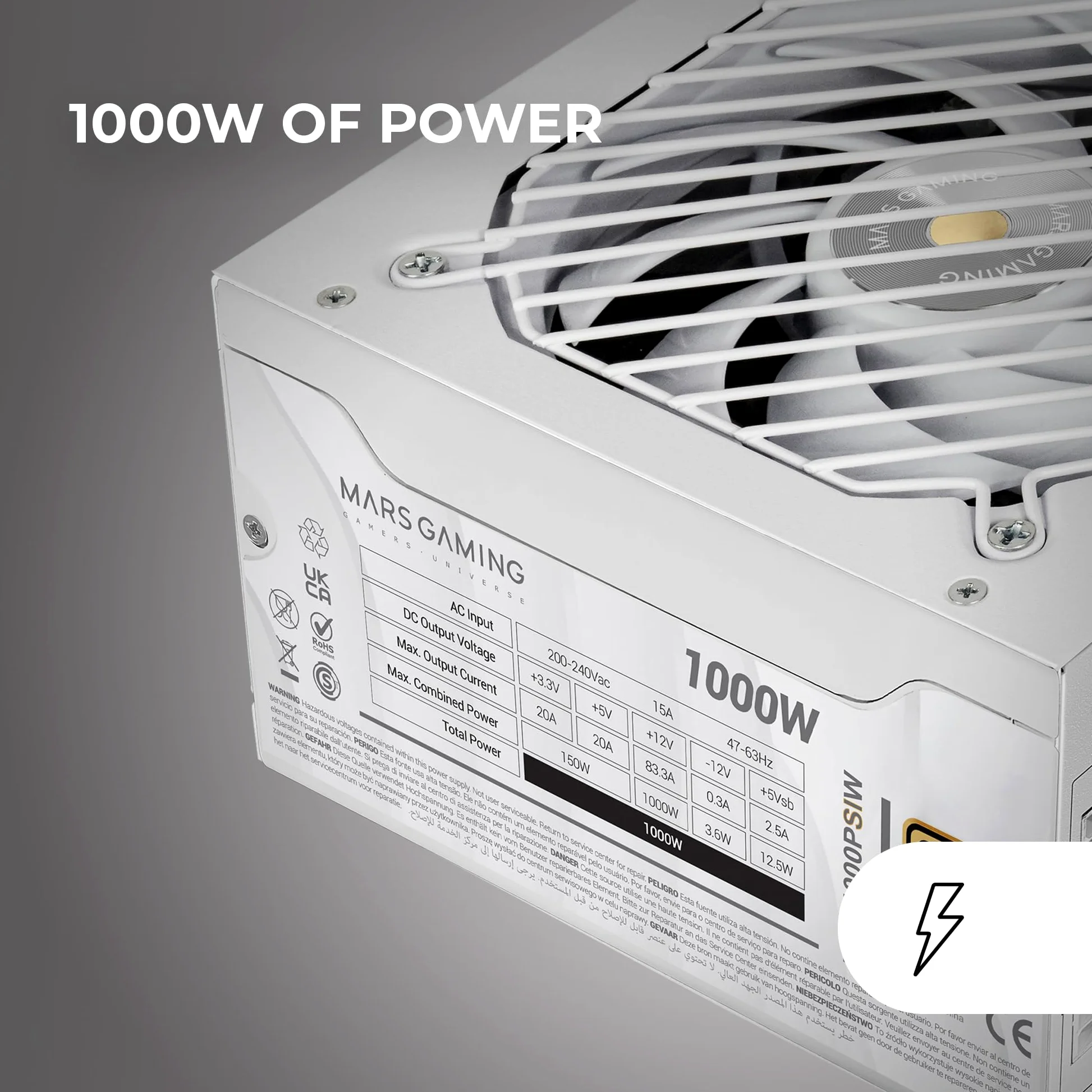 MARS GAMING MPB1000PSI, Alimentatore Full Modulabile ATX 1000W, 10 Anni di Garanzia, 80Plus Gold 90%, Ventola SI 140mm, Tecnologie AI2-RPM, DC-DC e SMD, ATX 3.1 e PCIe 5.1, Connettore 12V 2x6, Bianco