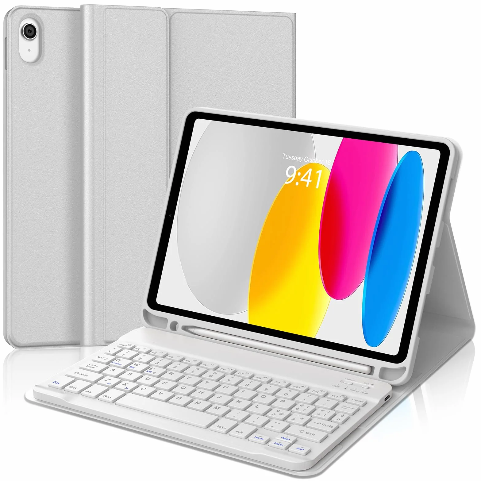 Cover con Tastiera per iPad A16 11" Gen (2025) e 10.9" Gen (2022), Italiano QWERTY, Senza Retroilluminazione e Senza Touchpad, Bluetooth 5.0, con Porta Penna Sottostante, Grigio Chiaro