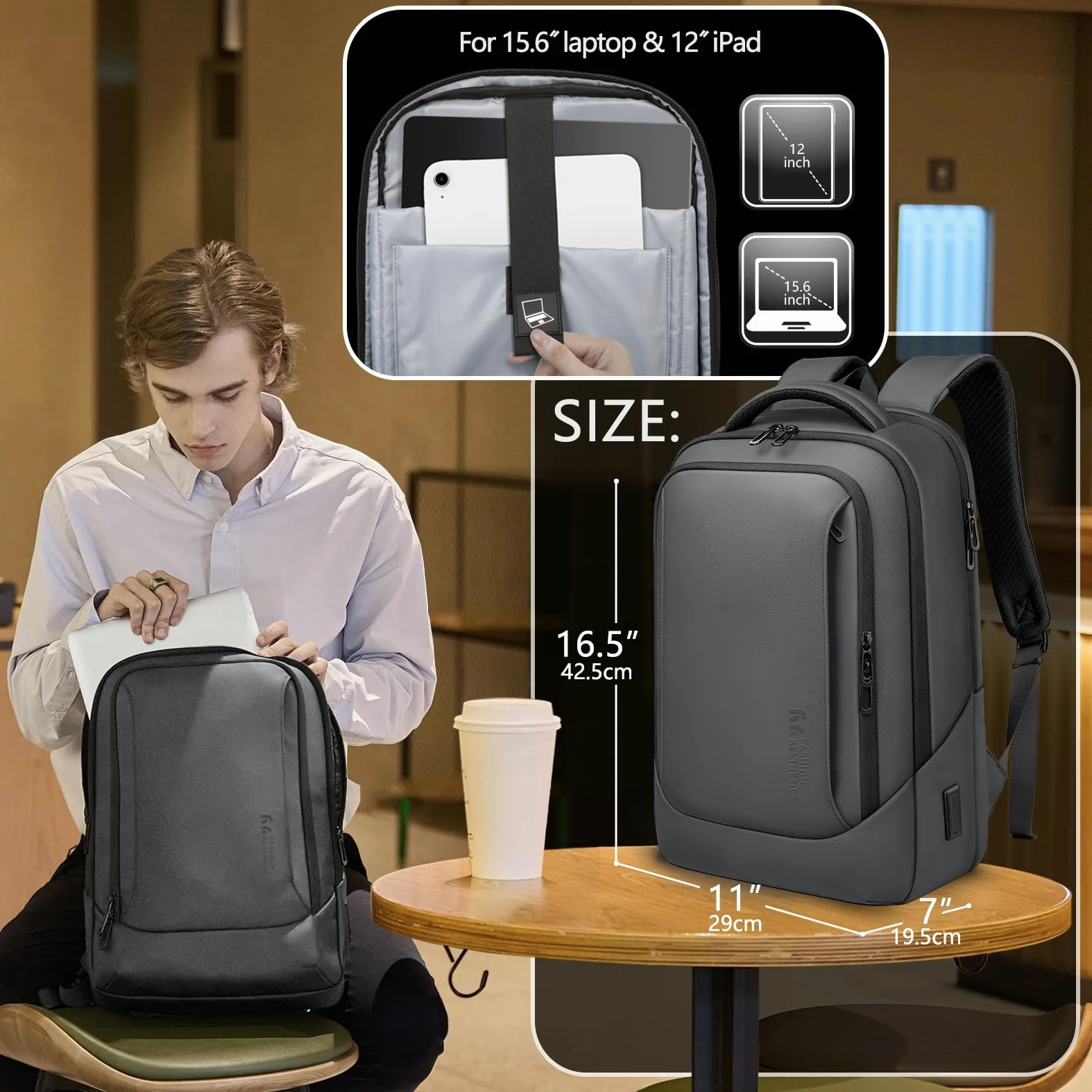 hk Zaino per laptop da uomo con porta di ricarica USB, impermeabile, per computer da 15,6 pollici, resistente, high-tech, zaino casual per lavoro, università, weekender, viaggi, grigio scuro, grigio