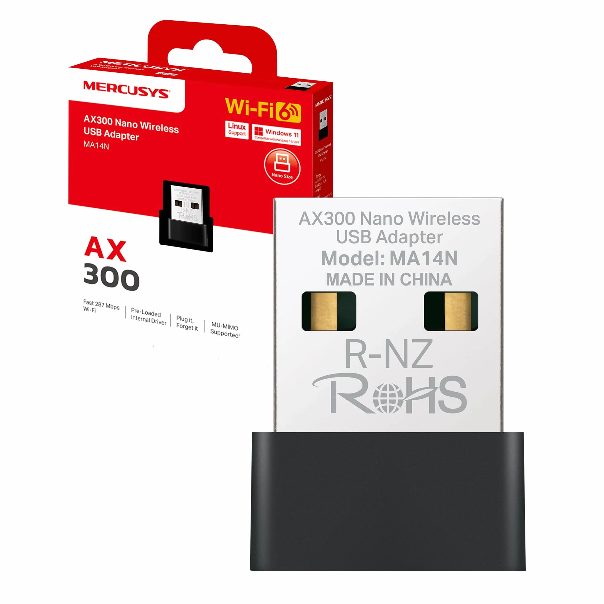 Mercusys TP-Link MA14N AX300 WiFi 6 USB Adattatore WiFi per PC, 287Mbps 2.4GHz, Nano Design
