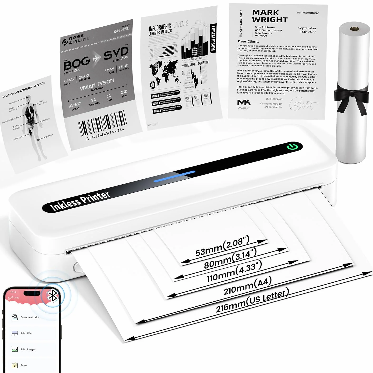 Stampante Termica A4 M832 Portatile 300DPI Bluetooth Bianco