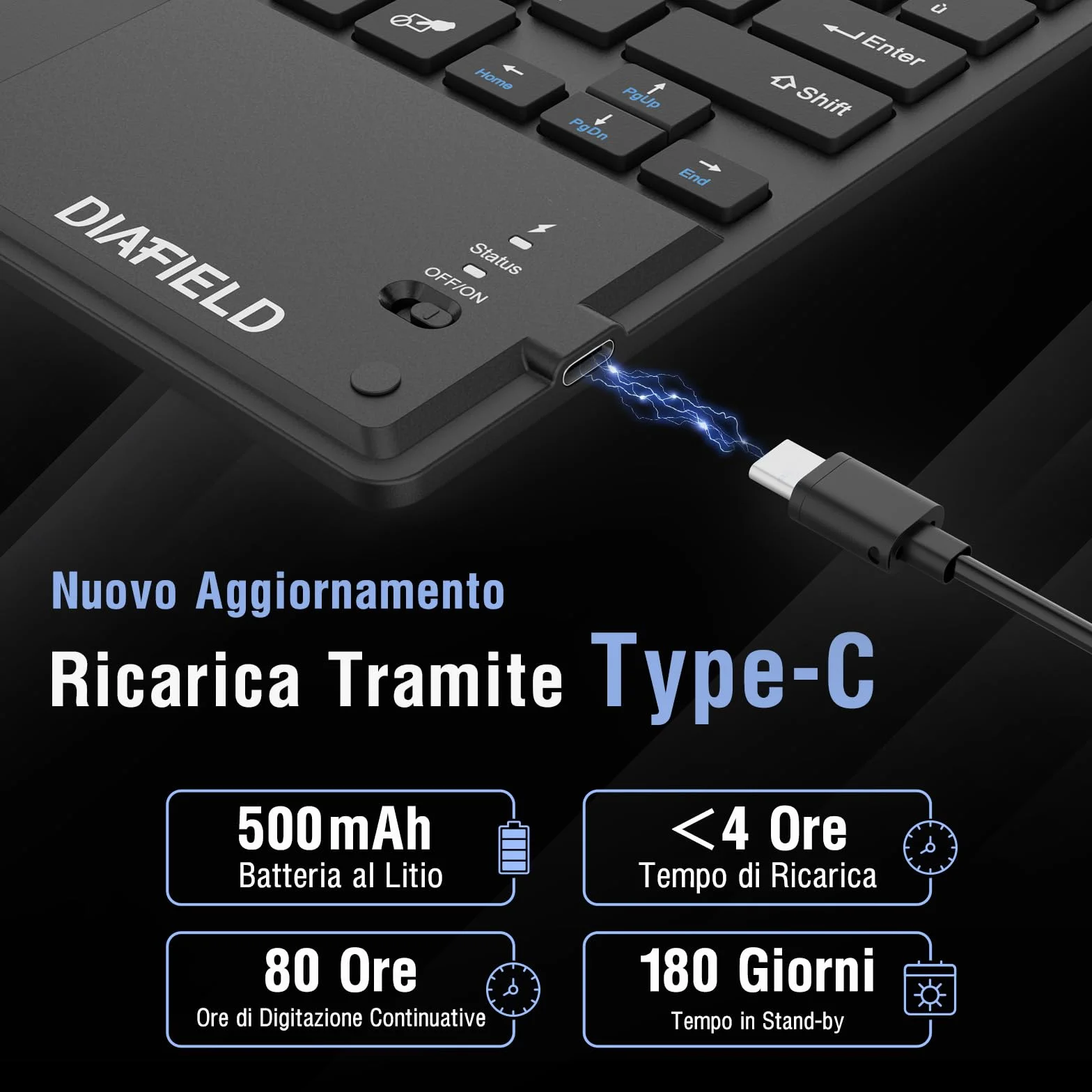 1 BY ONE Diafield Tastiera Bluetooth Wireless Ultra Sottile con Multi Touch Integrato Touch Pad e Batteria Ricaricabile per Android IOS e Windows, Tastiera Wireless, Nera