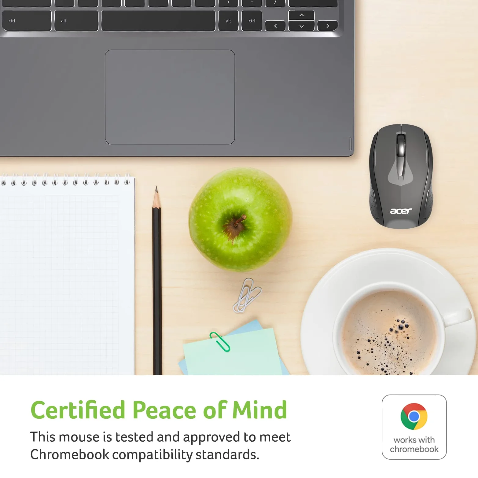 Acer Mouse wireless RF (grigio/nero), funziona con Chromebook, con USB Plug and Play per utenti destri/mancini (per Chromebook, PC Windows e Mac)